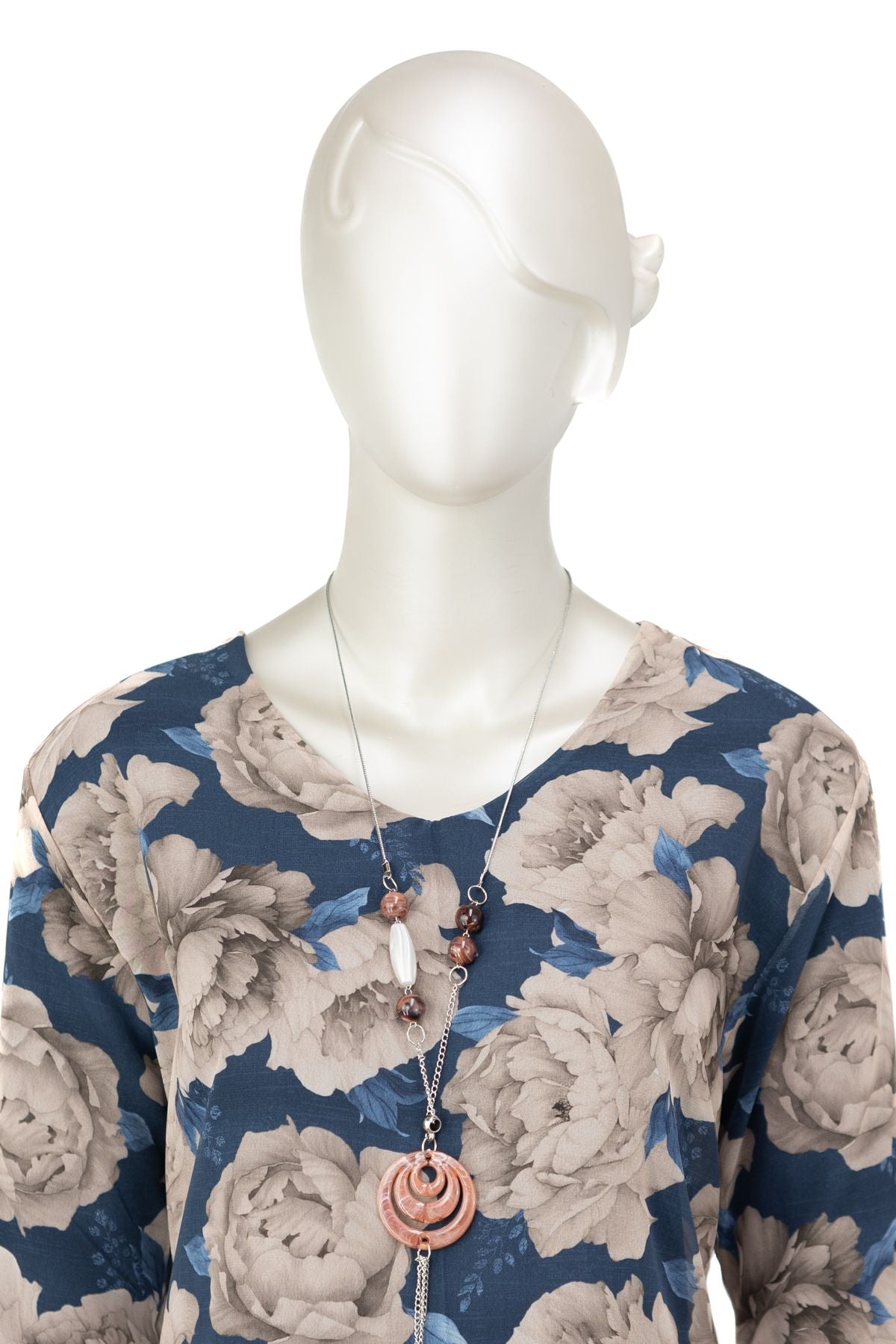 Kadın Klasik Şifon Anne Bluz Viskoz Kumaş Gül Desenli Kolyeli Uzun Kollu Astarlı Tam Kalıp