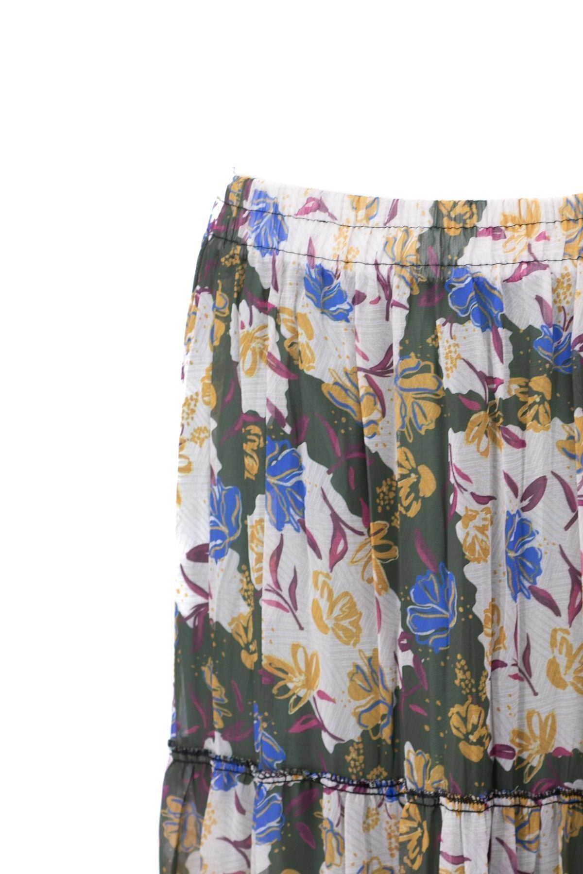 Kadın Astarlı Şifon Etek Bahar Çiçekleri Desenli Beli Lastikli Rahat Kesim Parçalı