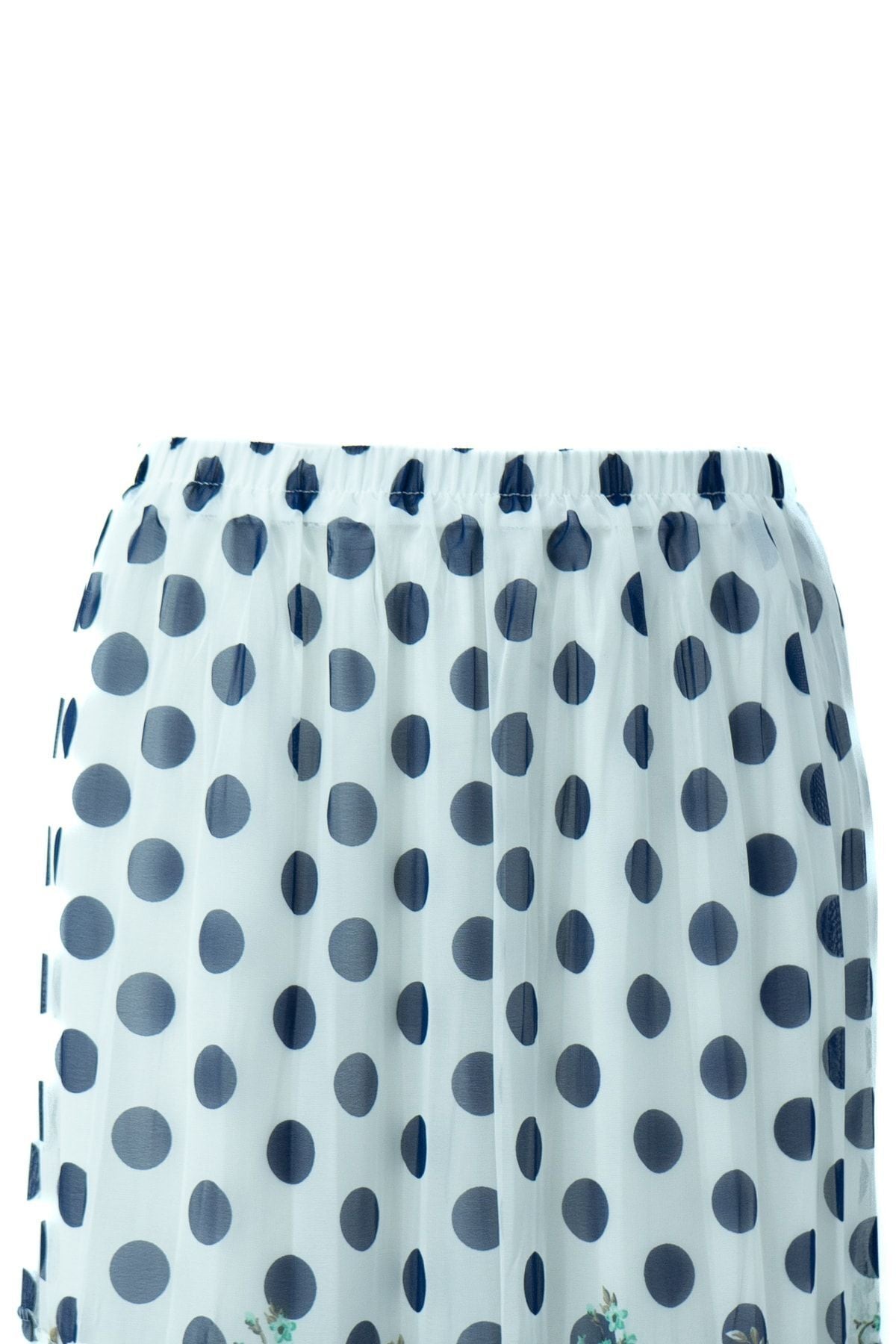 Kadın Bahar Puantiyesi Desenli Rahat Kesim Astarlı Likralı Üç Parçalı Premium Şifon Etek