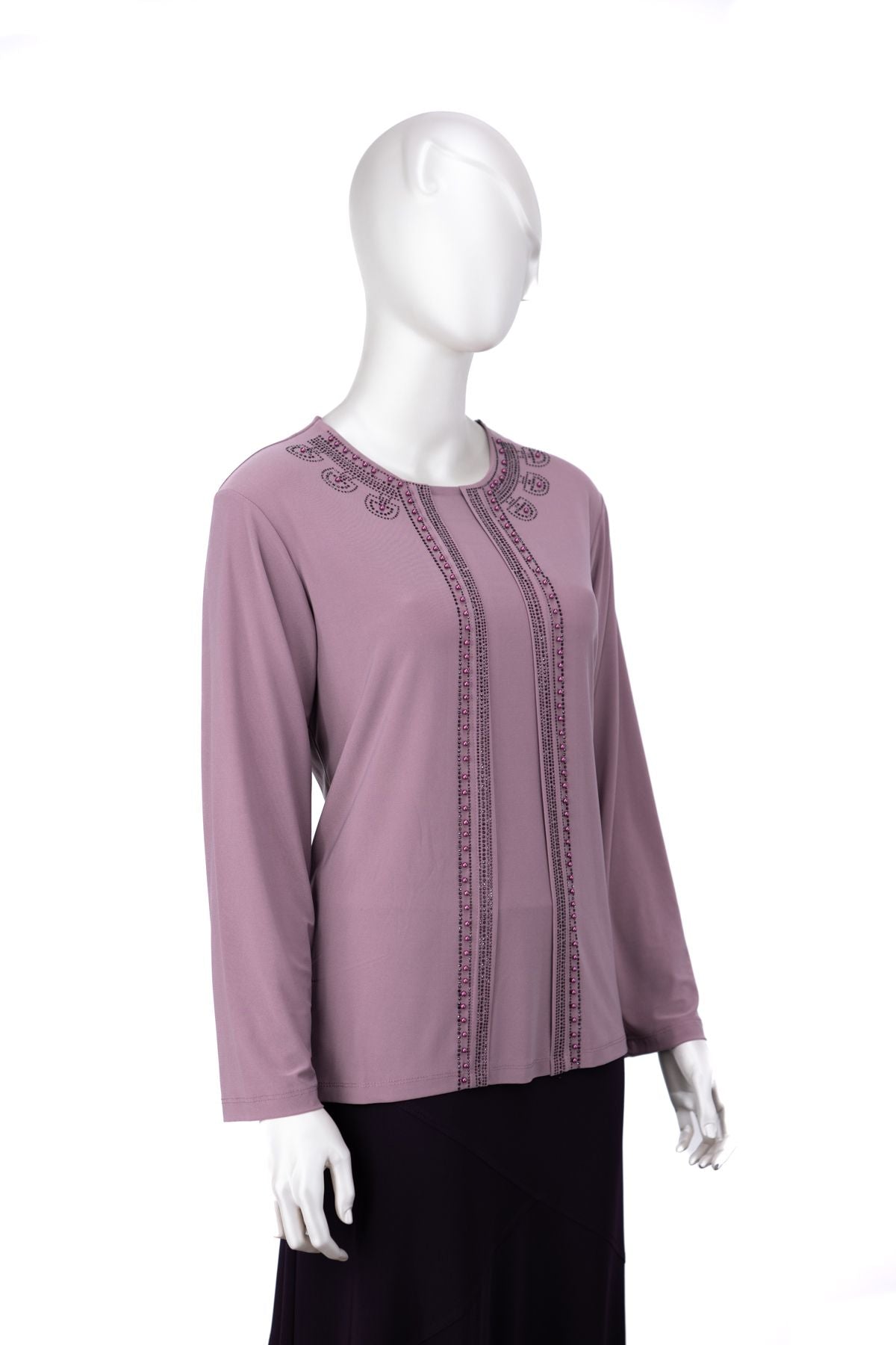 Kadın Sandy Kumaş Anne Bluz inci Taşlı Boncuklu Yuvarlak Yaka Likralı Rahat Kesim Tam Kalıp