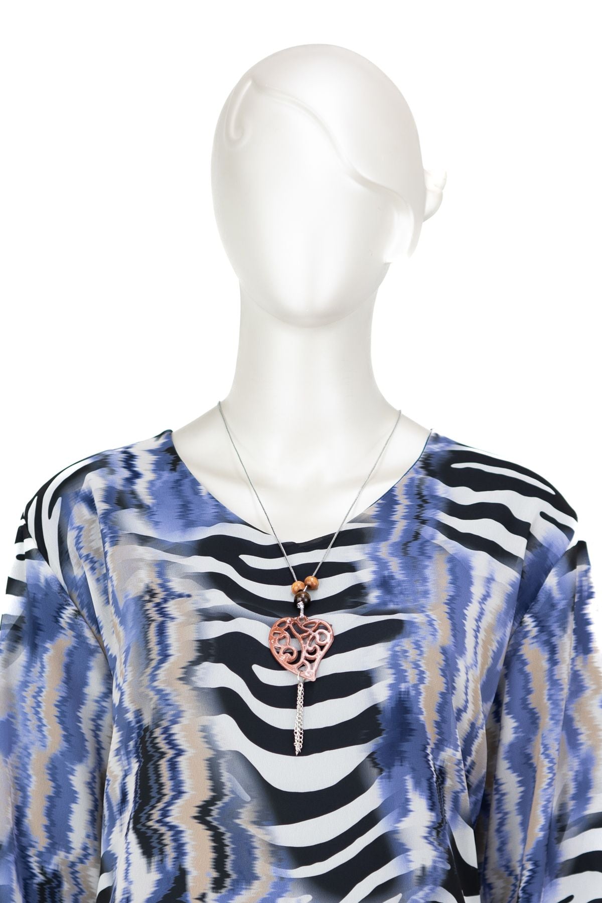 Kadın Klasik Şifon Anne Bluz Viskoz Kumaş Deniz Desenli Kolyeli Uzun Kollu Astarlı Tam Kalıp