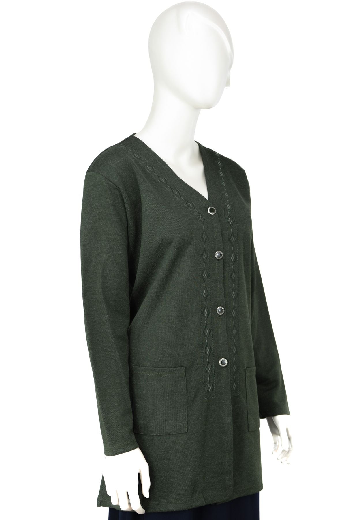 Kadın Kışlık Anne Hırka Modern Çiçek Nakışlı Ecrin Örme Önü Düğmeli Çift Cepli Likralı