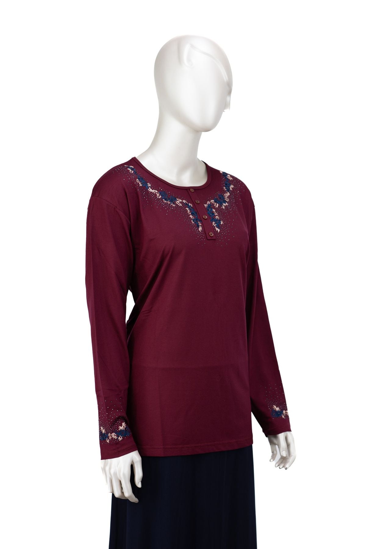 Kadın Turlu Viskon Penye Kumaş Anne Bluz Şık Taşlı ve Nakışlı Yuvarlak Yaka TamKalıp Likralı