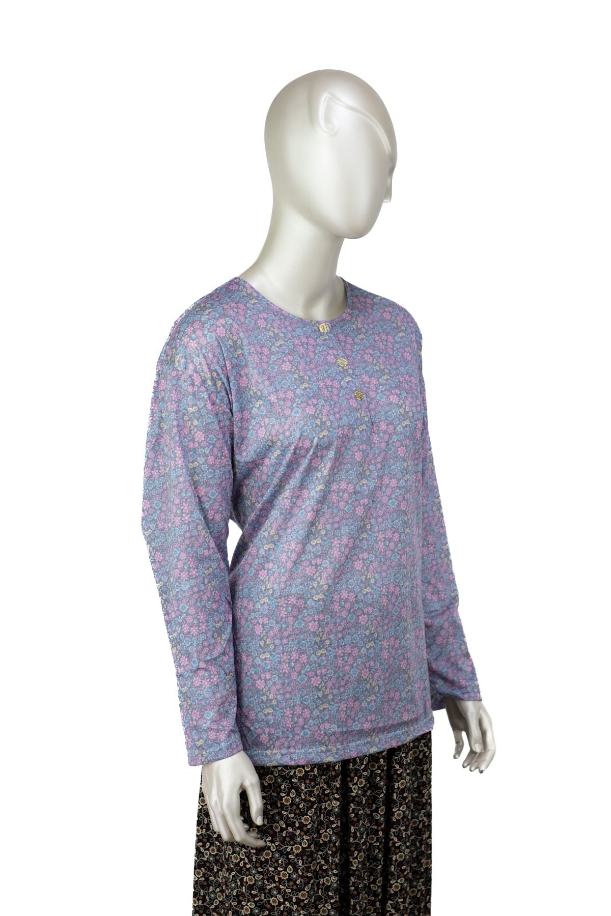 Kadın Kağıt Baskı Klasik Anne Bluz Pamuk Kumaş Fulya Desenli Üç Düğmeli Rahat Tam Kalıp