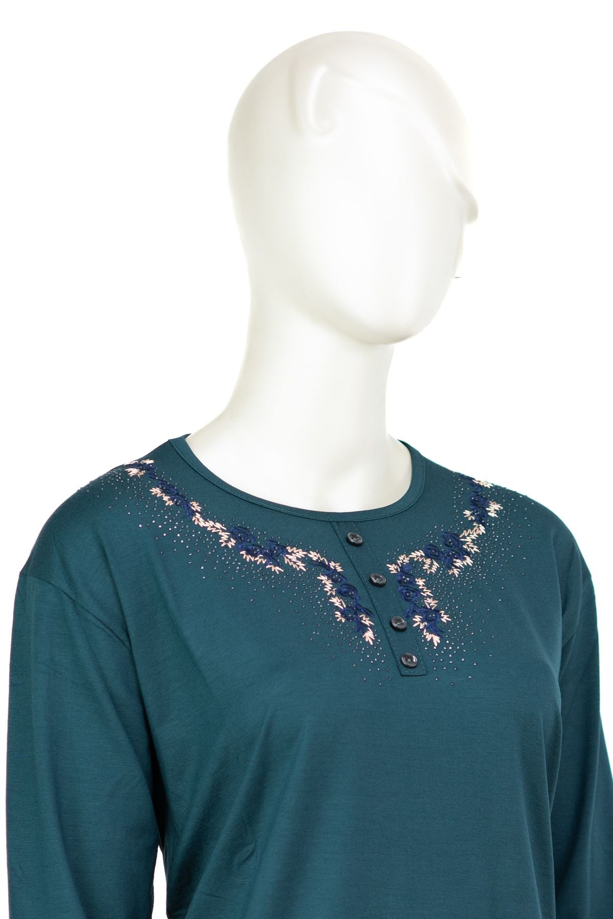 Kadın Turlu Viskon Penye Kumaş Anne Bluz Şık Taşlı ve Nakışlı Yuvarlak Yaka TamKalıp Likralı