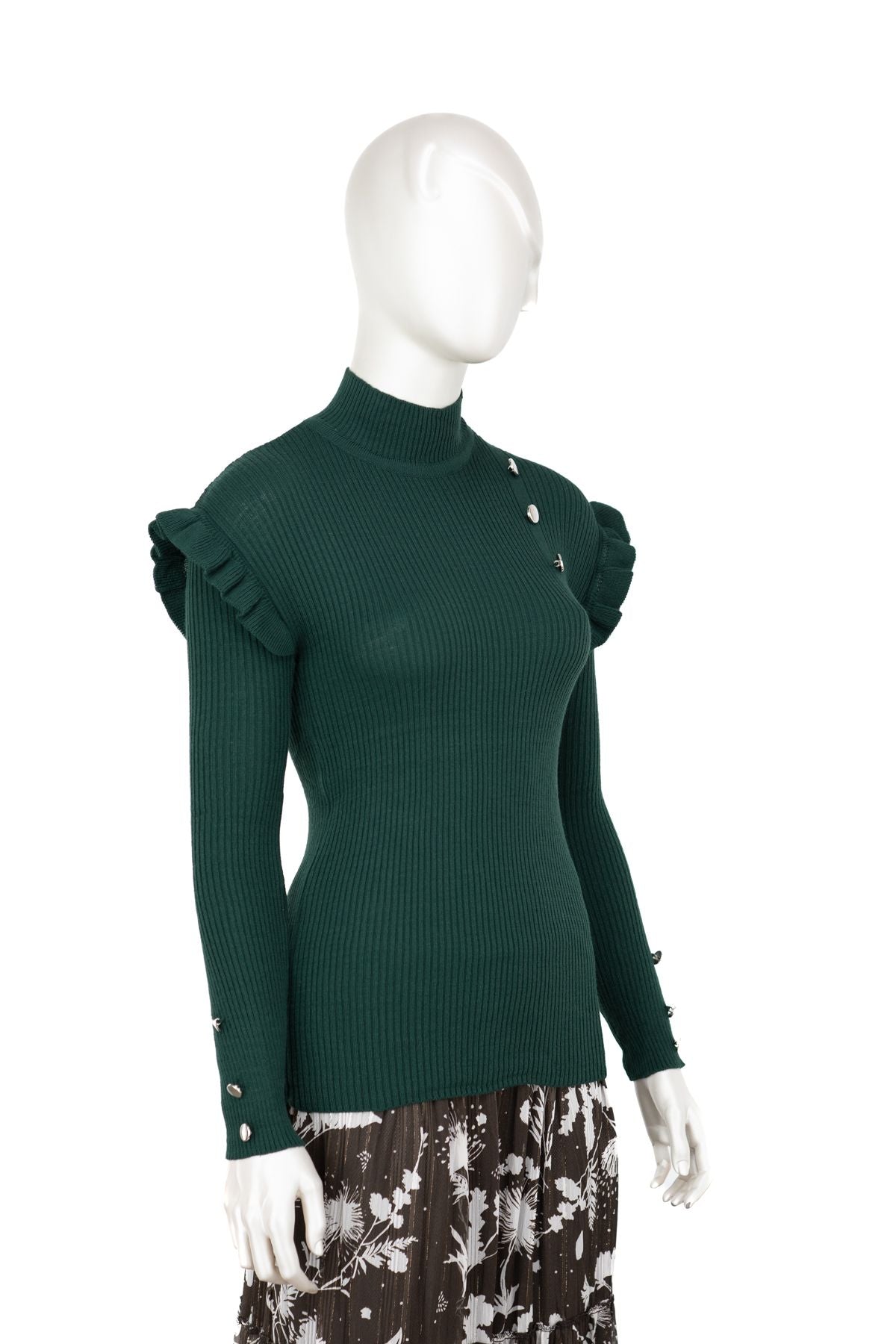 Kadın Kışlık Kolları Şık DüğmeDetaylı Yarım Yaka Bedene Oturan Likralı Örme Triko Badi Kazak