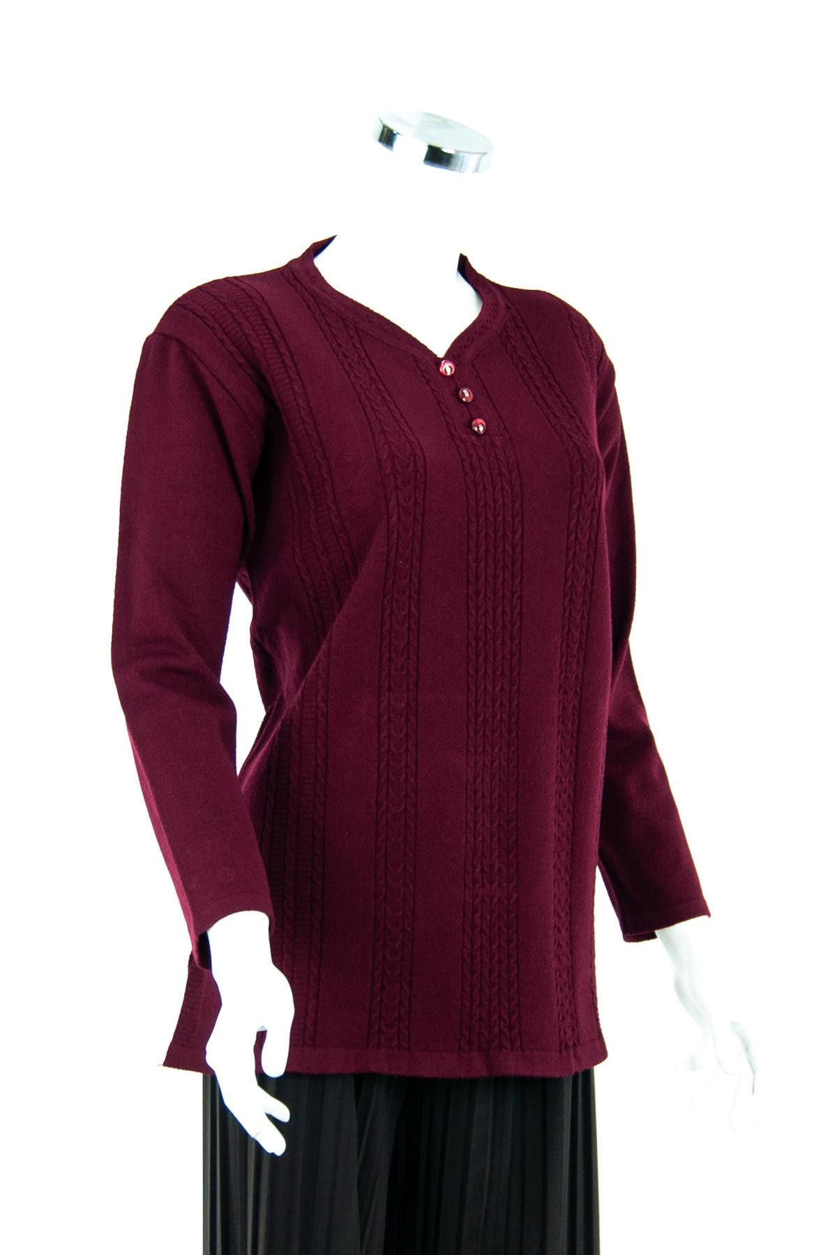 Kadın Bordo Kışlık Armut Yaka Normal Kesim Likralı Pamuklu Kardelen Dokuma Anne Kazak