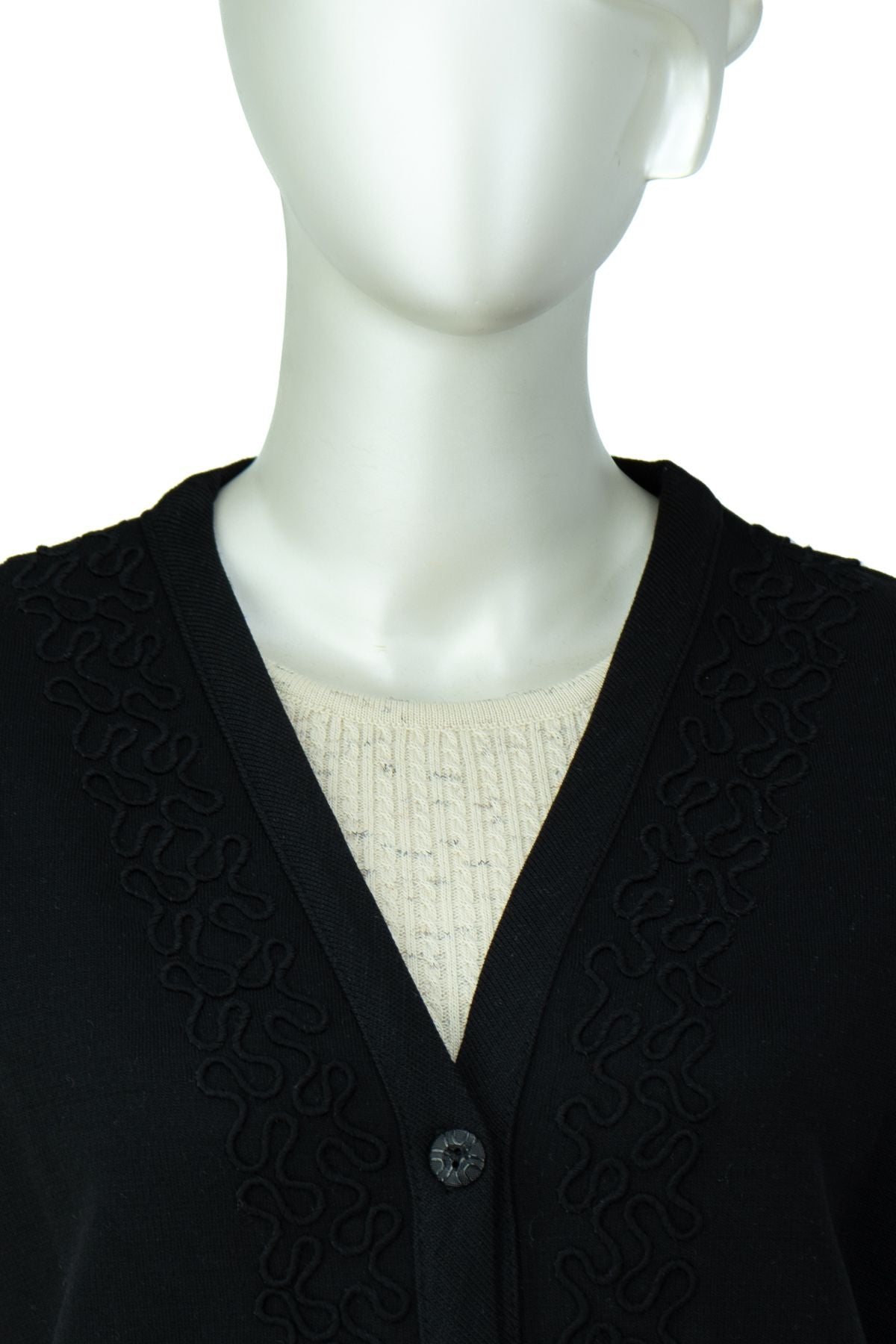 Kadın Çelik Örme Anne Yelek V Yaka Sarmaşık Nakışlı Çift Cepli Düğmeli Tam Kalıp Likralı