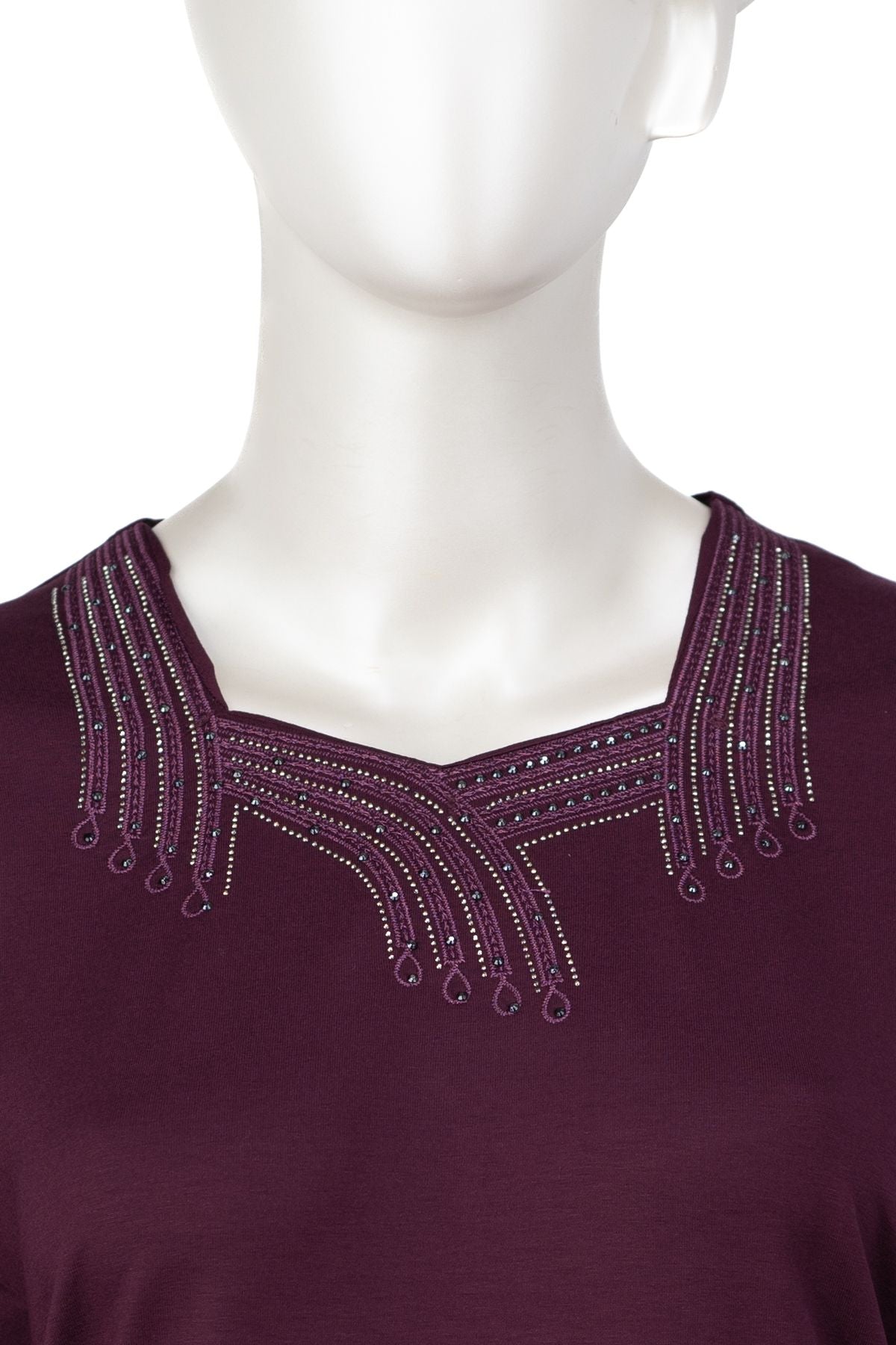 Kadın Turlu Viskon Penye Kumaş Anne Bluz Şık Taşlı ve Nakışlı Likralı Kare Yaka Tam Kalıp