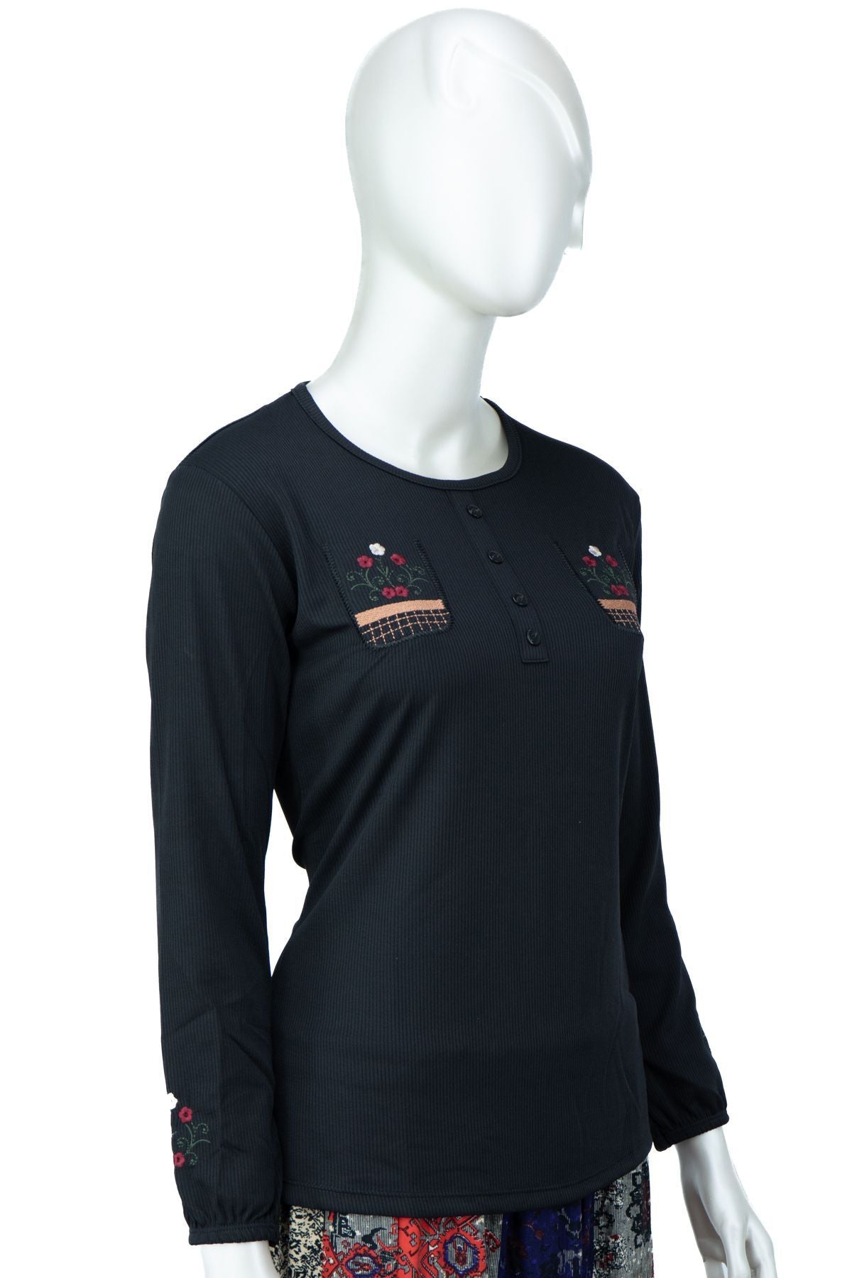 Kadın Badi Bluz Gofre Kumaş Sümbül Nakışlı Likralı Yuvarlak Yaka Uzun Kollu Normal Kesim