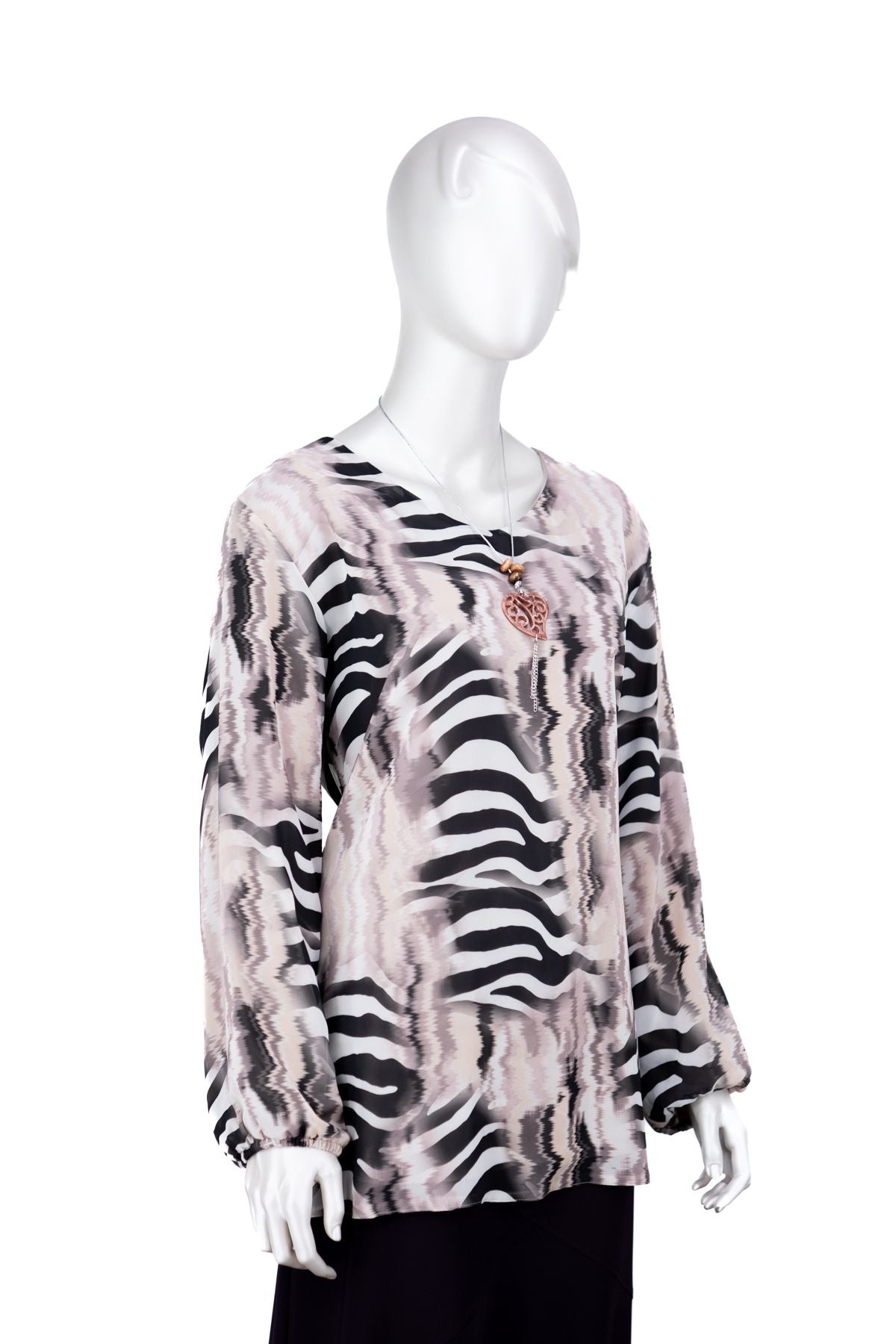 Kadın Klasik Şifon Anne Bluz Viskoz Kumaş Deniz Desenli Kolyeli Uzun Kollu Astarlı Tam Kalıp