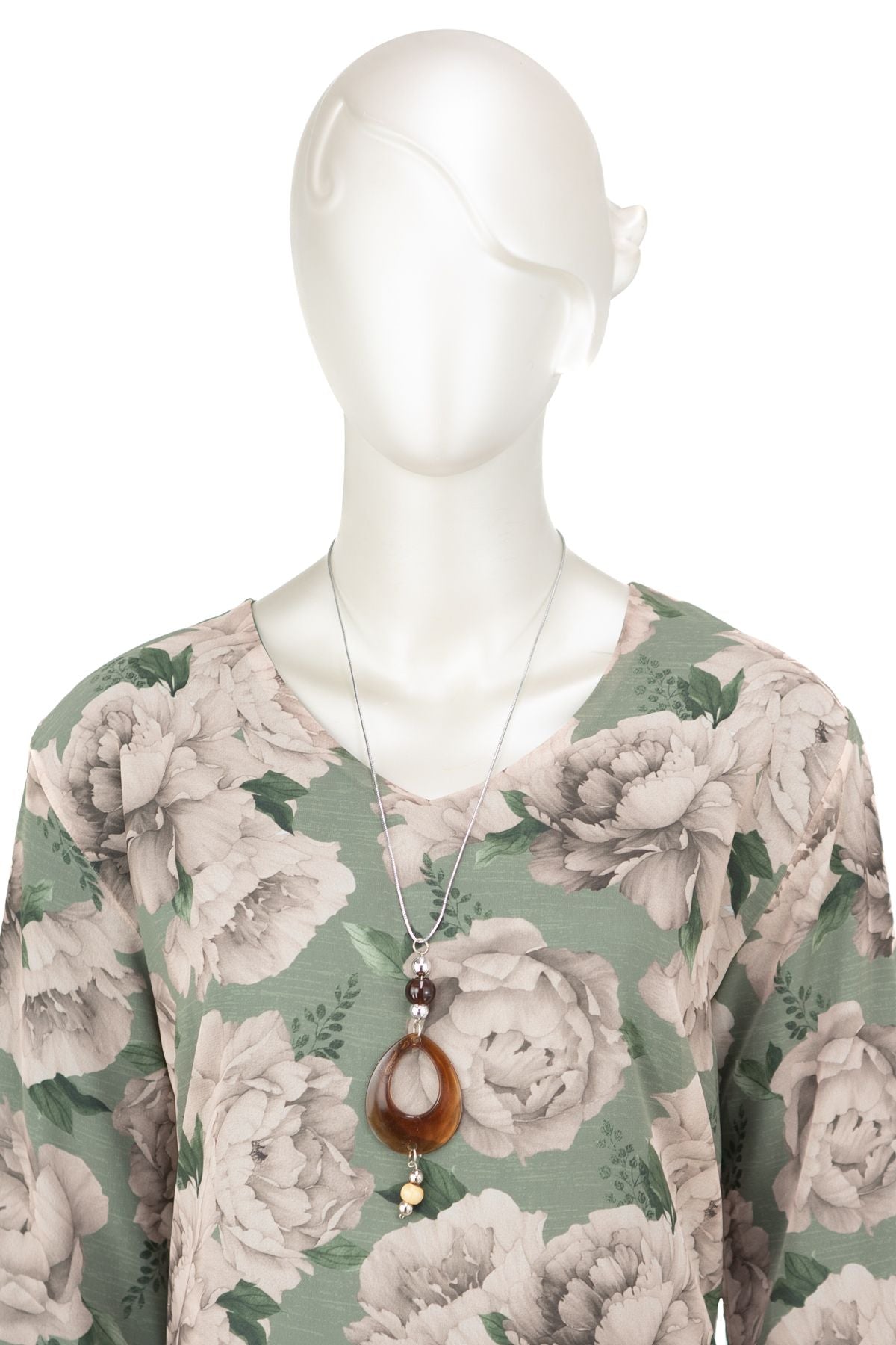 Kadın Klasik Şifon Anne Bluz Viskoz Kumaş Gül Desenli Kolyeli Uzun Kollu Astarlı Tam Kalıp