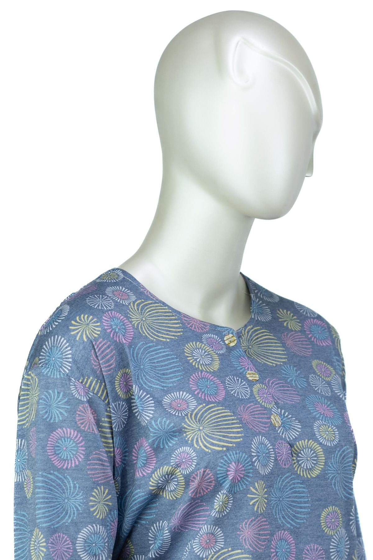 Kadın Kağıt Baskı Klasik Anne Bluz Pamuk Kumaş Gelin Desenli Üç Düğmeli Yuvarlak Yaka Rahat