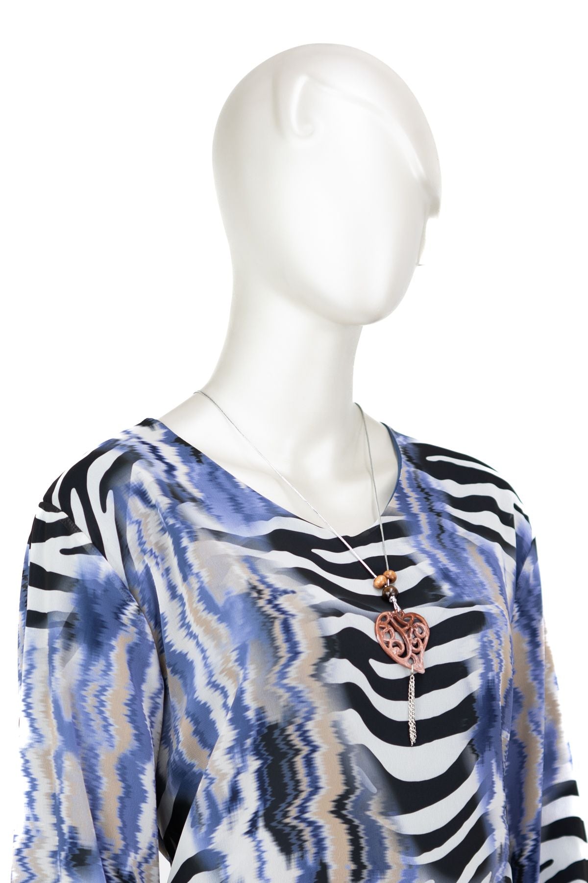 Kadın Klasik Şifon Anne Bluz Viskoz Kumaş Deniz Desenli Kolyeli Uzun Kollu Astarlı Tam Kalıp