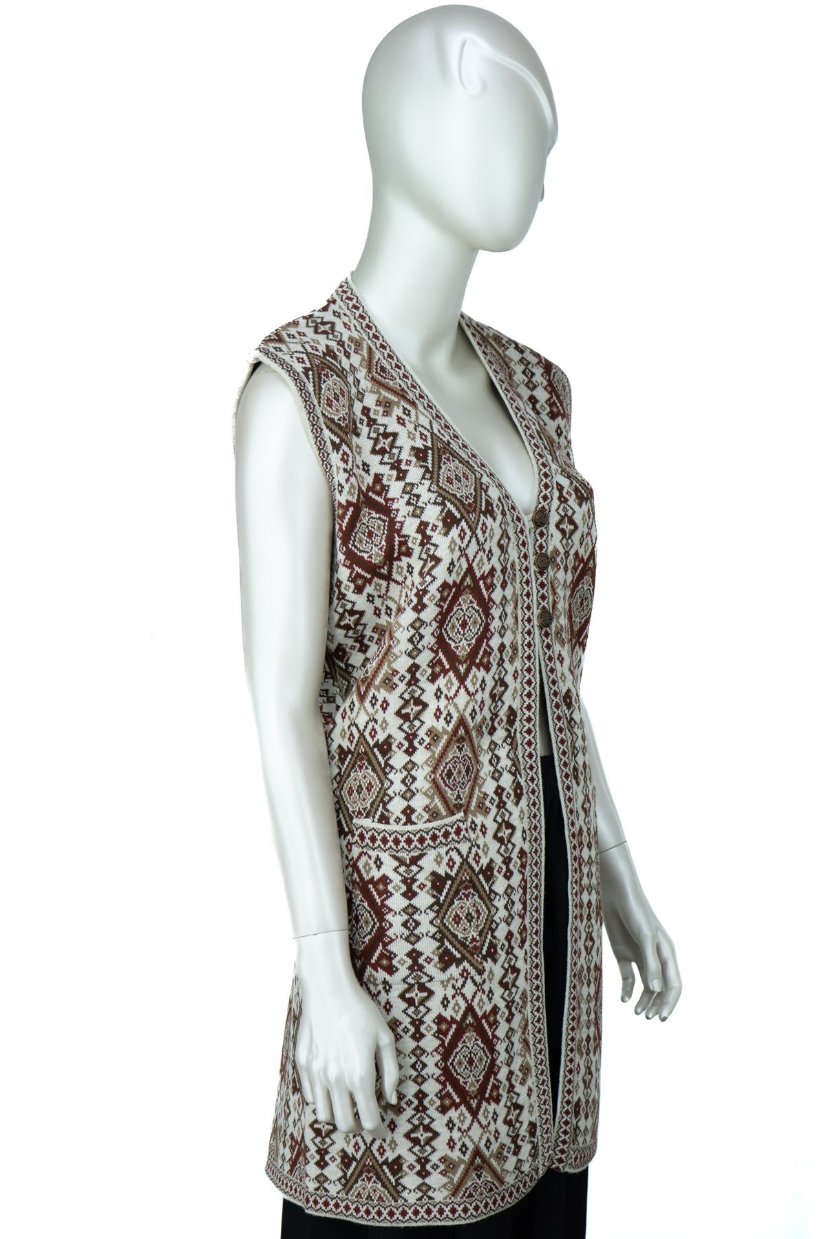 Kadın Kışlık Anne Yelek Pamuklu Triko Örme Etnik Motifli Önden Düğmeli Çift Cepli Rahat