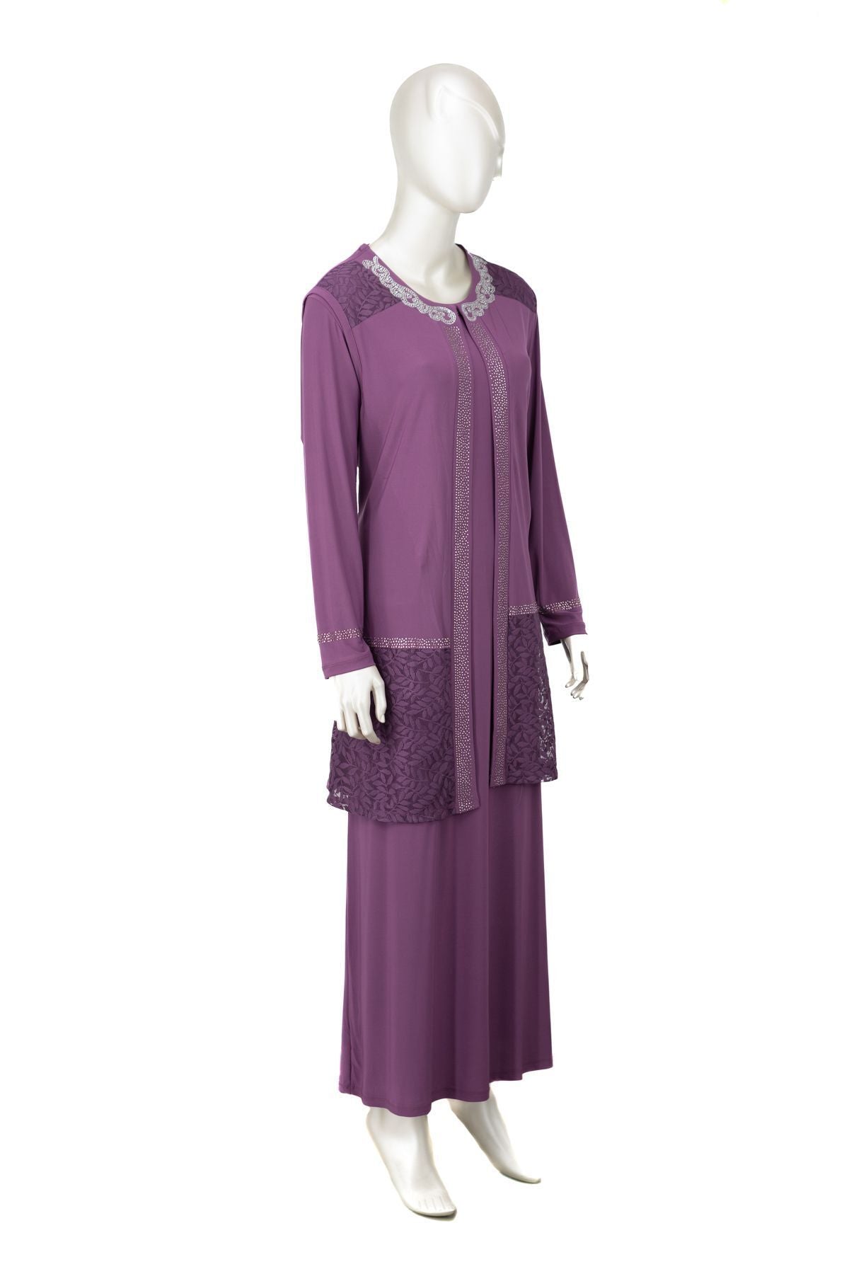 Kadın Elmas Kolyeli Yuvarlak Yaka Taşlı Likralı Sandy Kumaş Yelekli Takım Anne Abiye Elbise