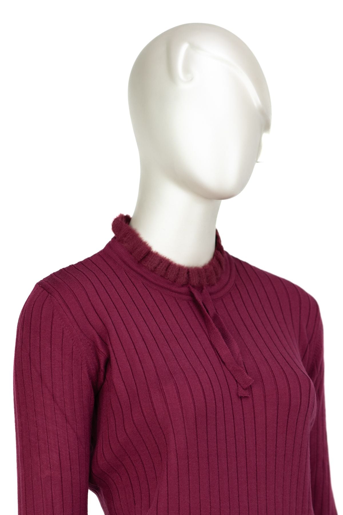 Kadın Pamuklu Örme Badi Kazak Likralı Esnek Çizgi Motifli Bağcıklı Yuvarlak Yakalı Uzun Kol