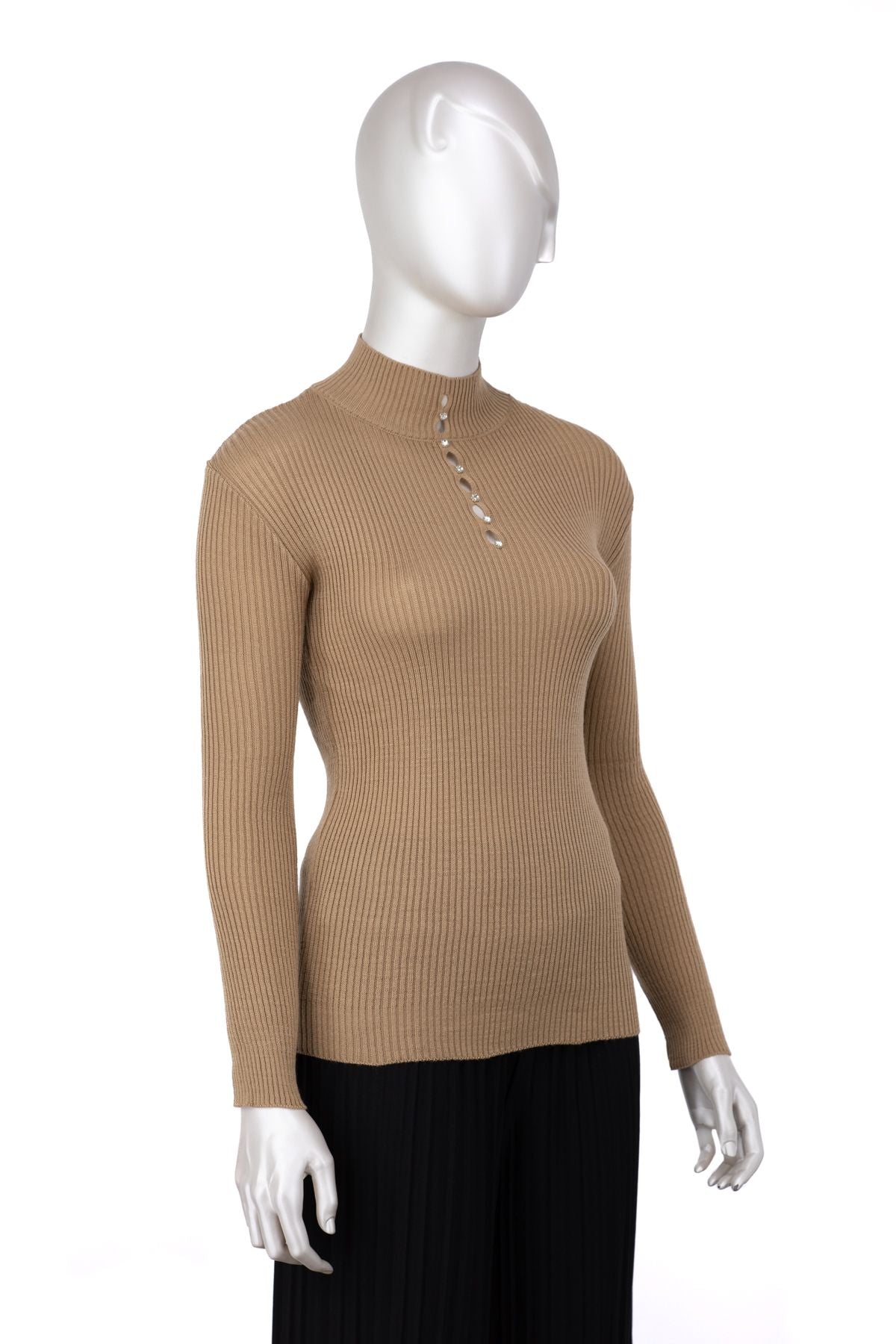 Kadın Kışlık Göğüste Şık Taşlı Yarım Yaka Bedene Oturan Likralı Örme Triko Badi Kazak