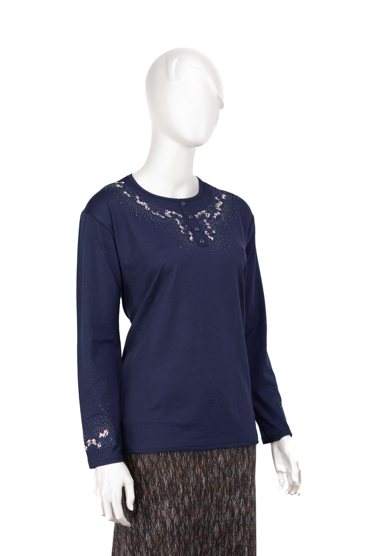 Kadın Turlu Viskon Penye Kumaş Anne Bluz Şık Taşlı ve Nakışlı Yuvarlak Yaka TamKalıp Likralı