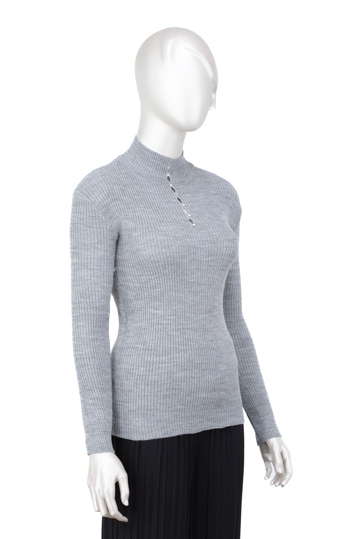 Kadın Kışlık Göğüste Şık Taşlı Yarım Yaka Bedene Oturan Likralı Örme Triko Badi Kazak