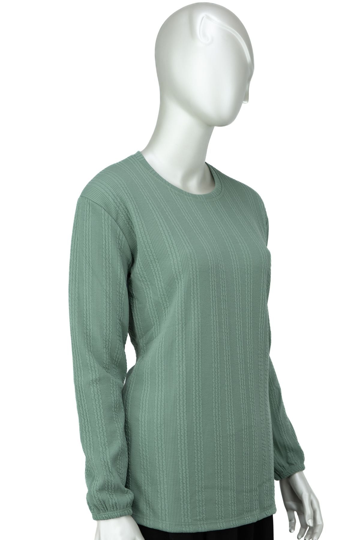 Kadın Kışlık Badi Bluz Gofre Kumaş Kendinden Desenli Likralı Yuvarlak Yaka Uzun Kollu Rahat