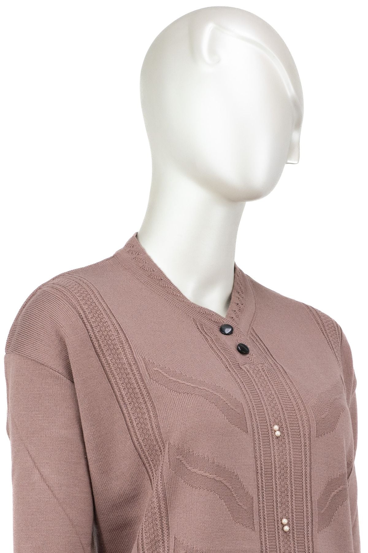 Kadın Kışlık Boncuklu Motifli iki Düğmeli Tam Kalıp Likralı Pamuklu Triko Dokuma Anne Kazak