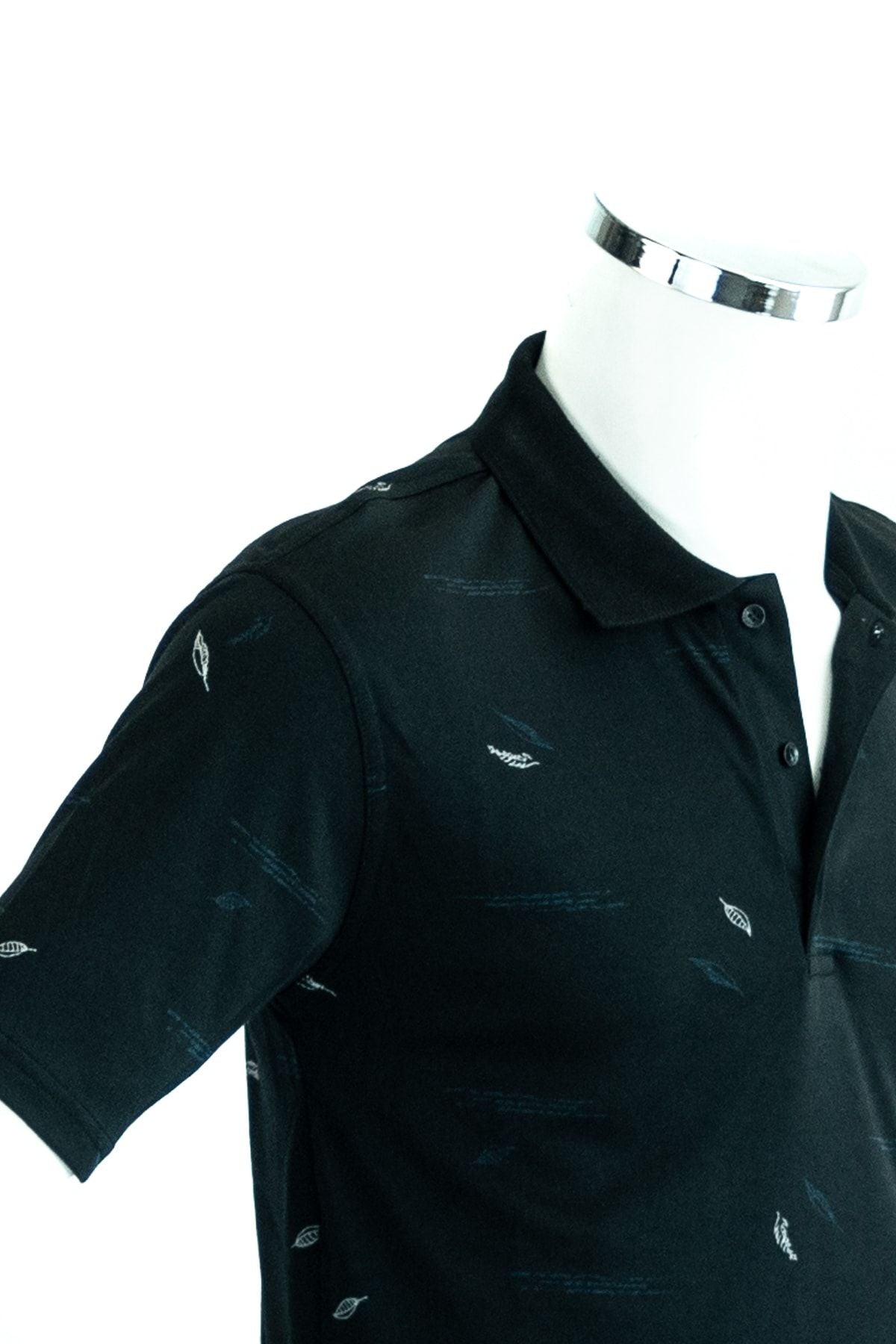 Erkek Siyah Polo Yaka T-shirt Cepli Kısa Kollu Kalem Tüyü Desenli Rahat Kesim Premium Pamuklu Kumaş