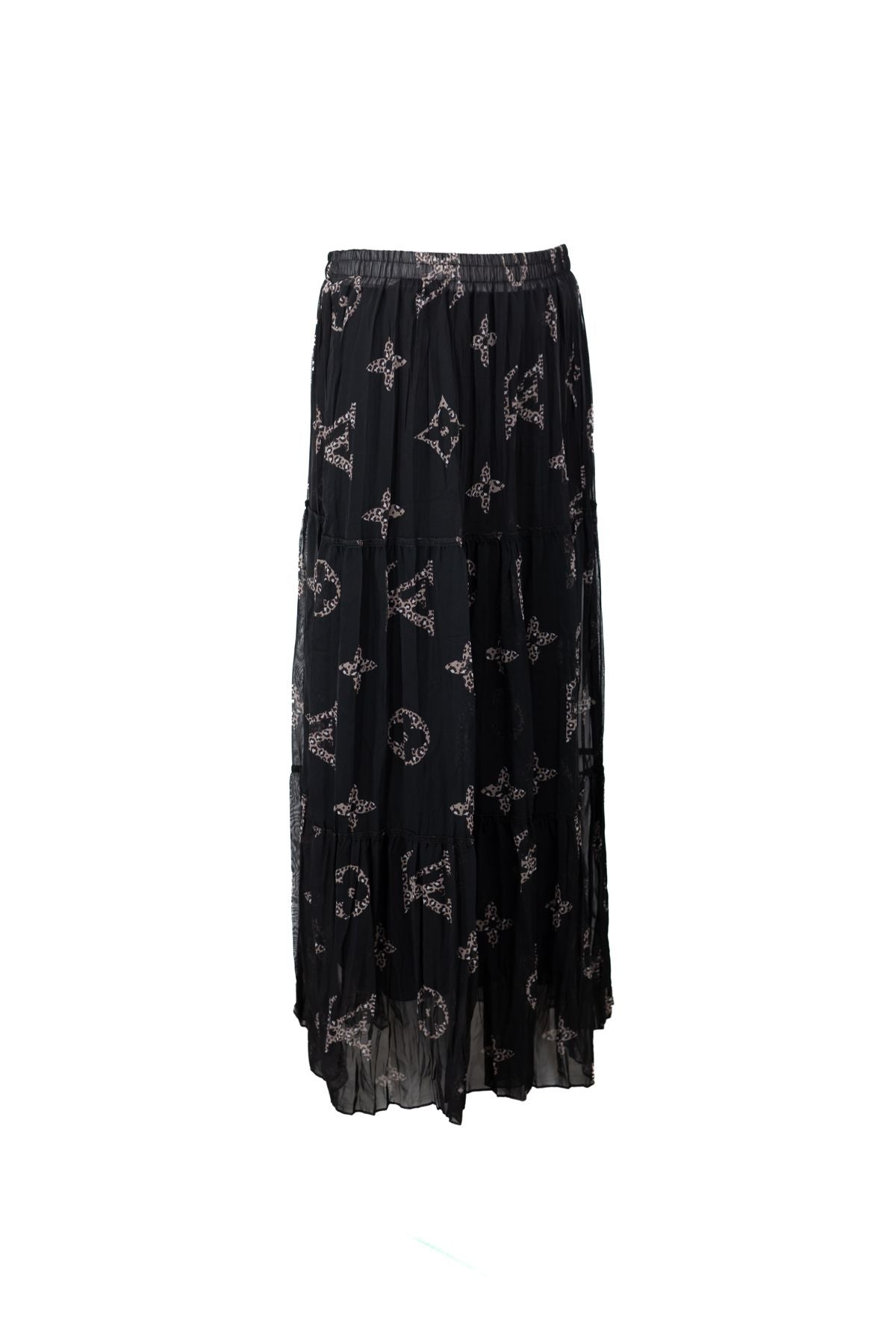 Kadın Astarlı Şifon Etek Bahçecik Desenli Beli Lastikli Rahat Kesim Parçalı