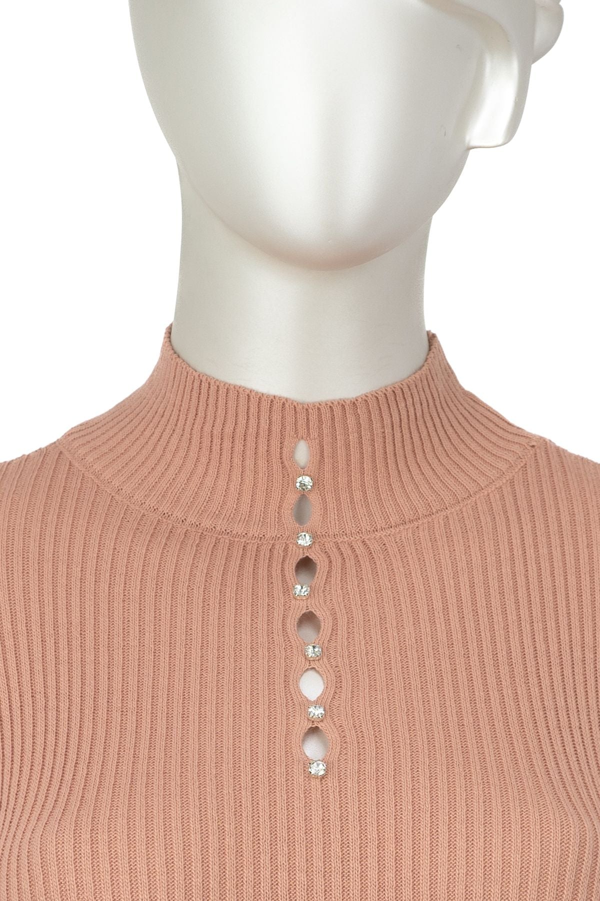 Kadın Kışlık Göğüste Şık Taşlı Yarım Yaka Bedene Oturan Likralı Örme Triko Badi Kazak