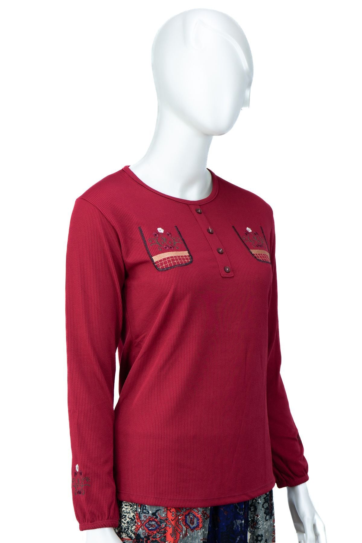 Kadın Badi Bluz Gofre Kumaş Sümbül Nakışlı Likralı Yuvarlak Yaka Uzun Kollu Normal Kesim