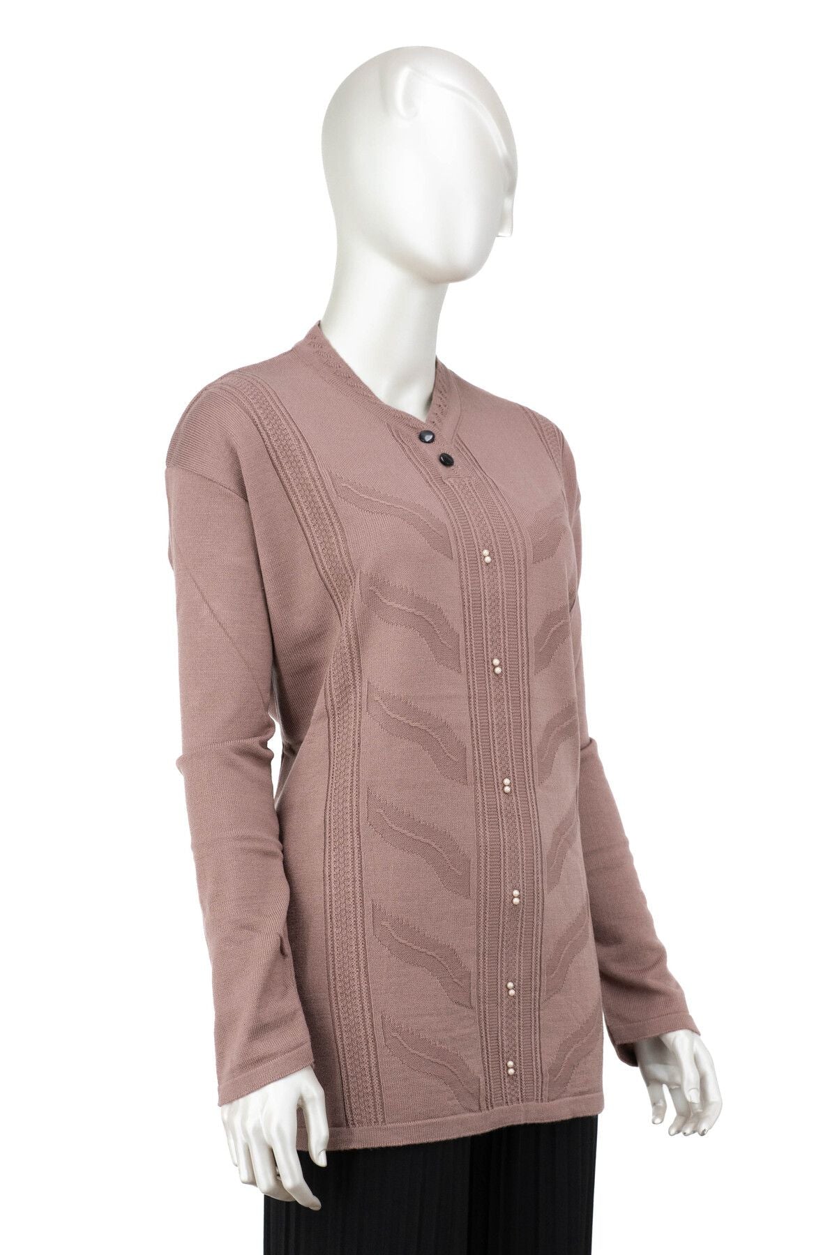 Kadın Kışlık Boncuklu Motifli iki Düğmeli Tam Kalıp Likralı Pamuklu Triko Dokuma Anne Kazak