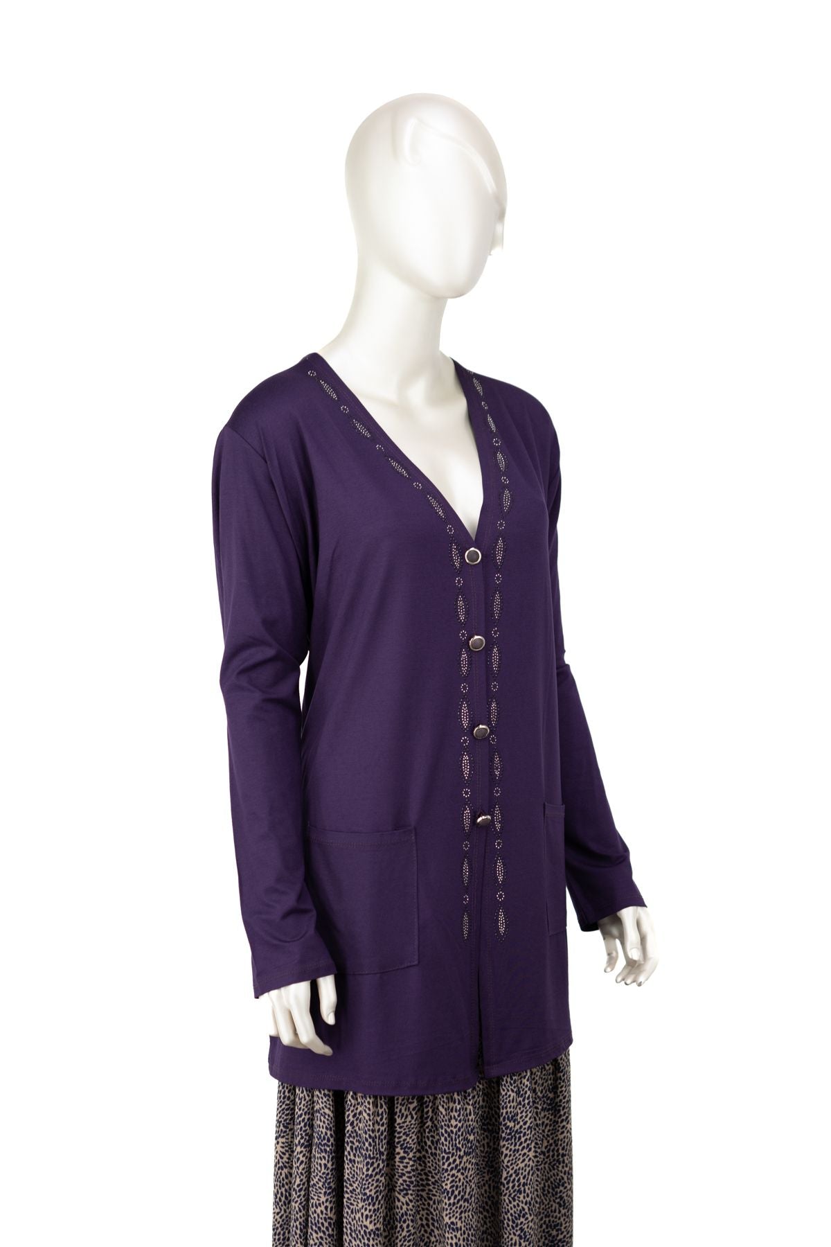 Kadın Turlu Viskon Penye Kumaş Anne Hırka V Yaka Modern Düğmeli ve Şık Taşlı Cepli Tam Kalıp