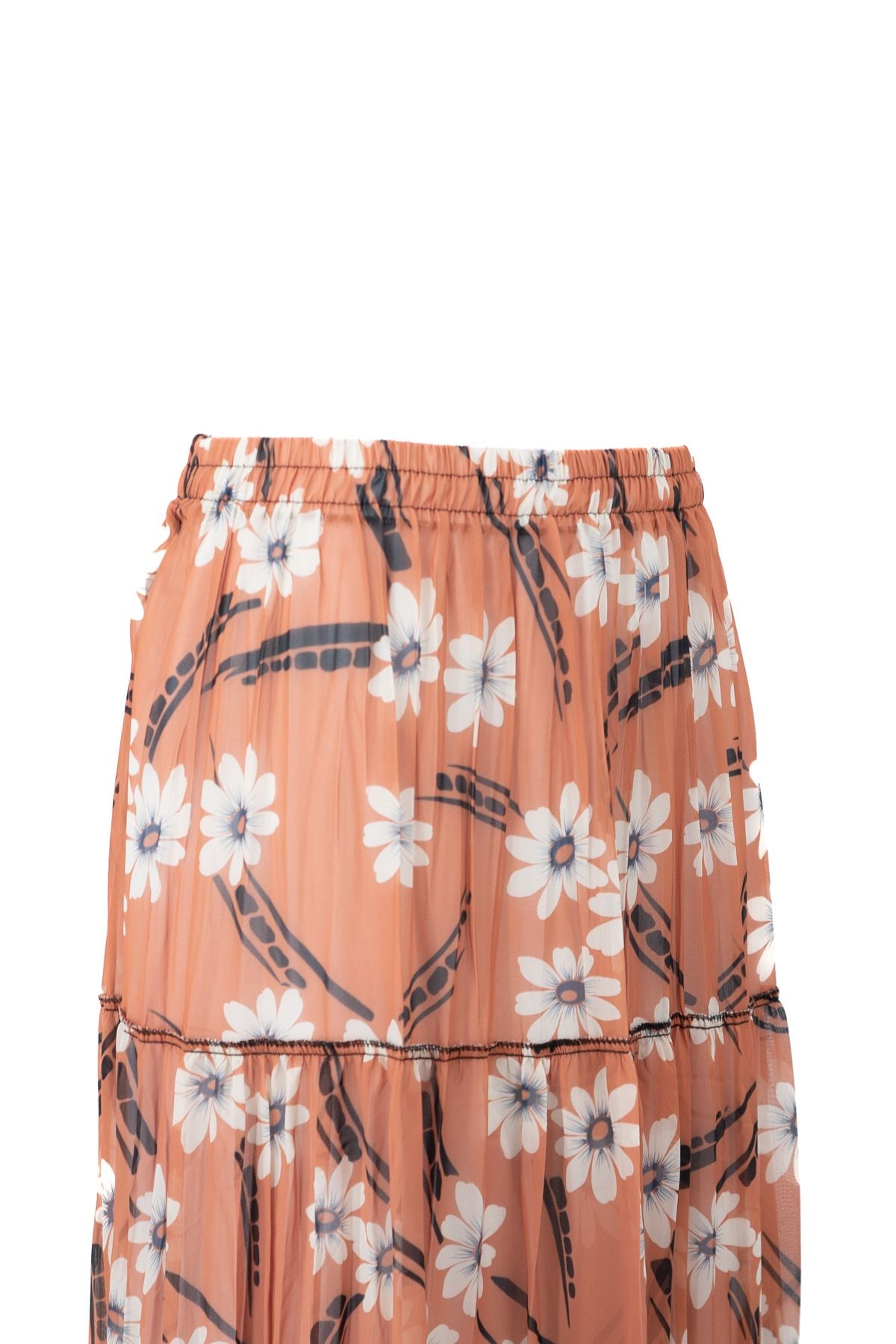 Kadın Astarlı Şifon Etek Bahar Çiçekleri Desenli Beli Lastikli Rahat Kesim Parçalı