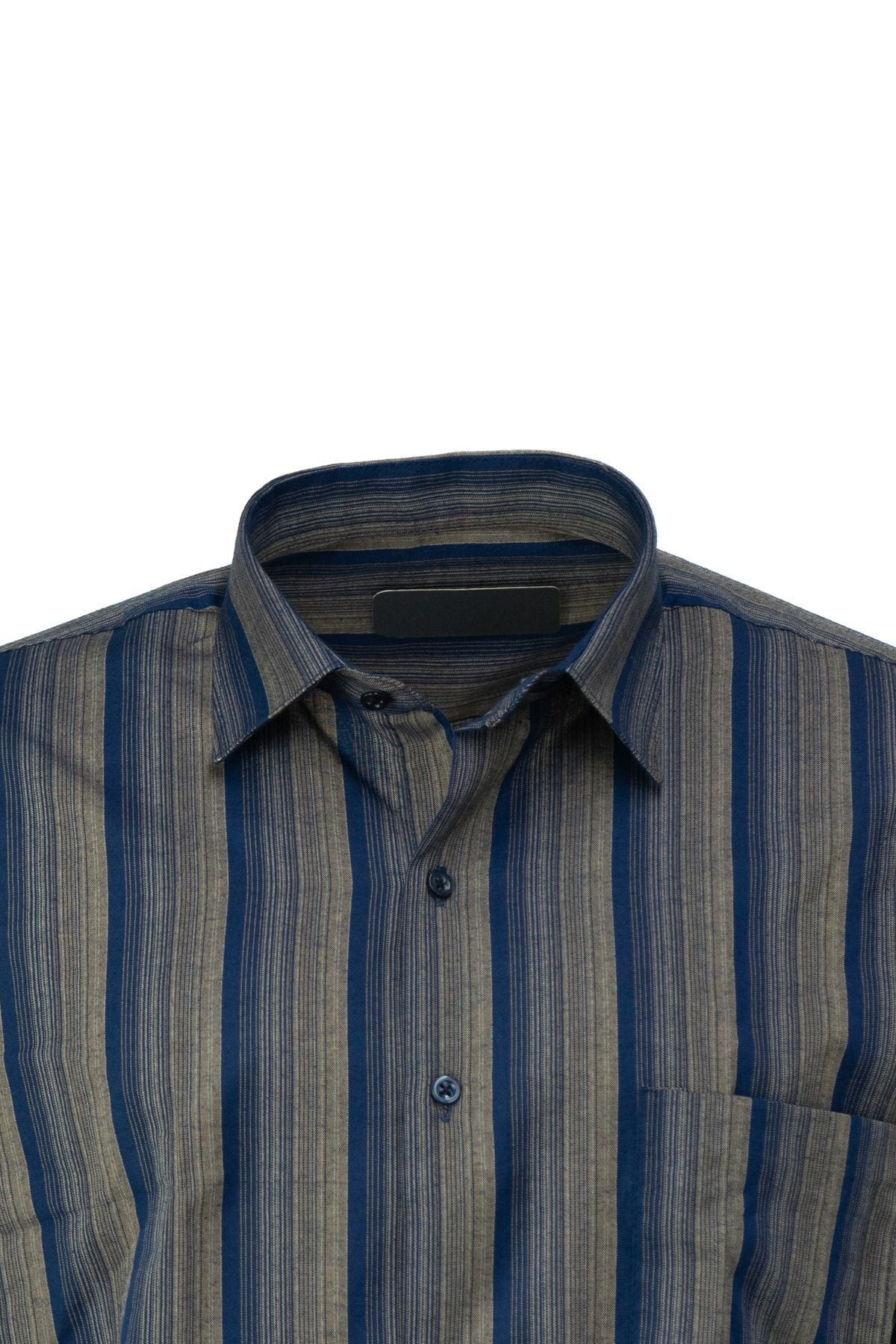 Erkek Çizgi Desenli Uzun Kollu Tam Kalıp Rahat Kesim Cepli Pamuklu Klasik Gömlek