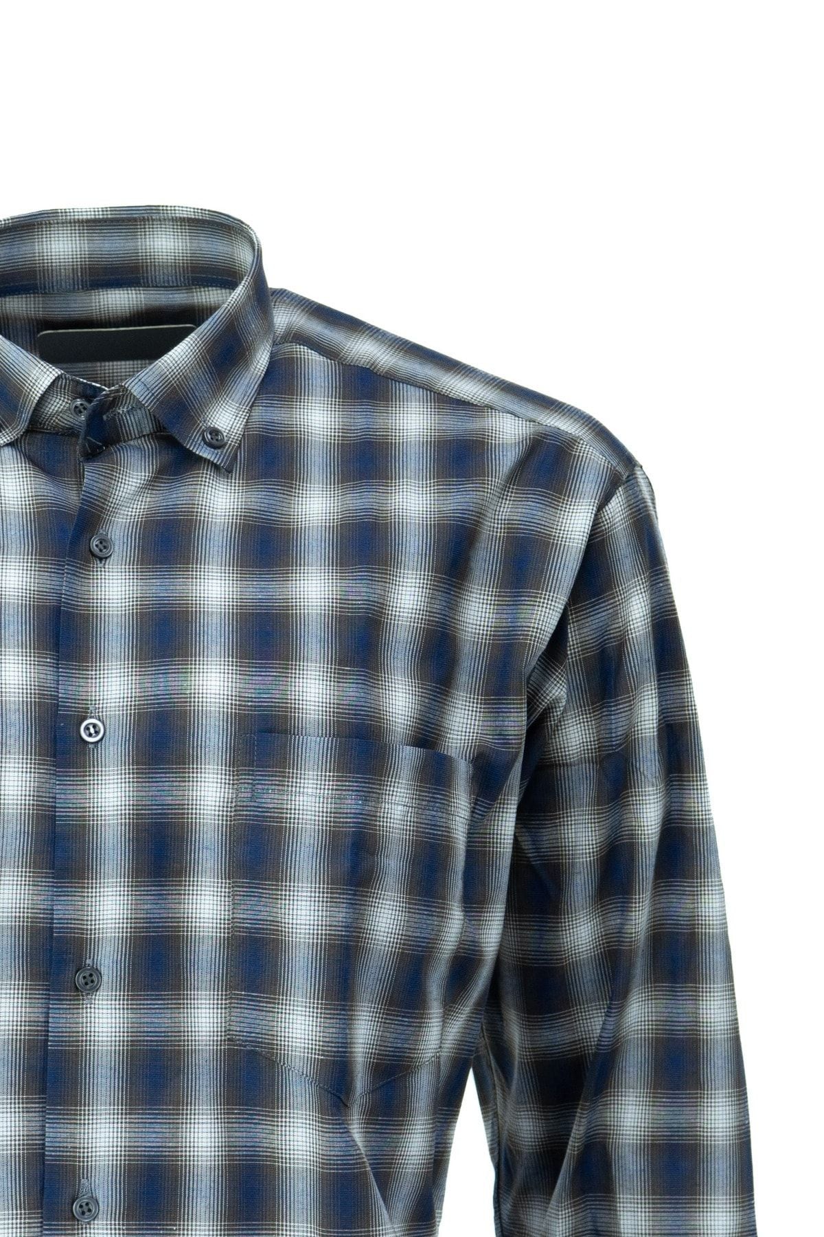 Erkek Şık Kare Desenli Tam Kalıp Rahat Kesim Cepli Yakası Düğmeli Pamuklu Klasik Gömlek