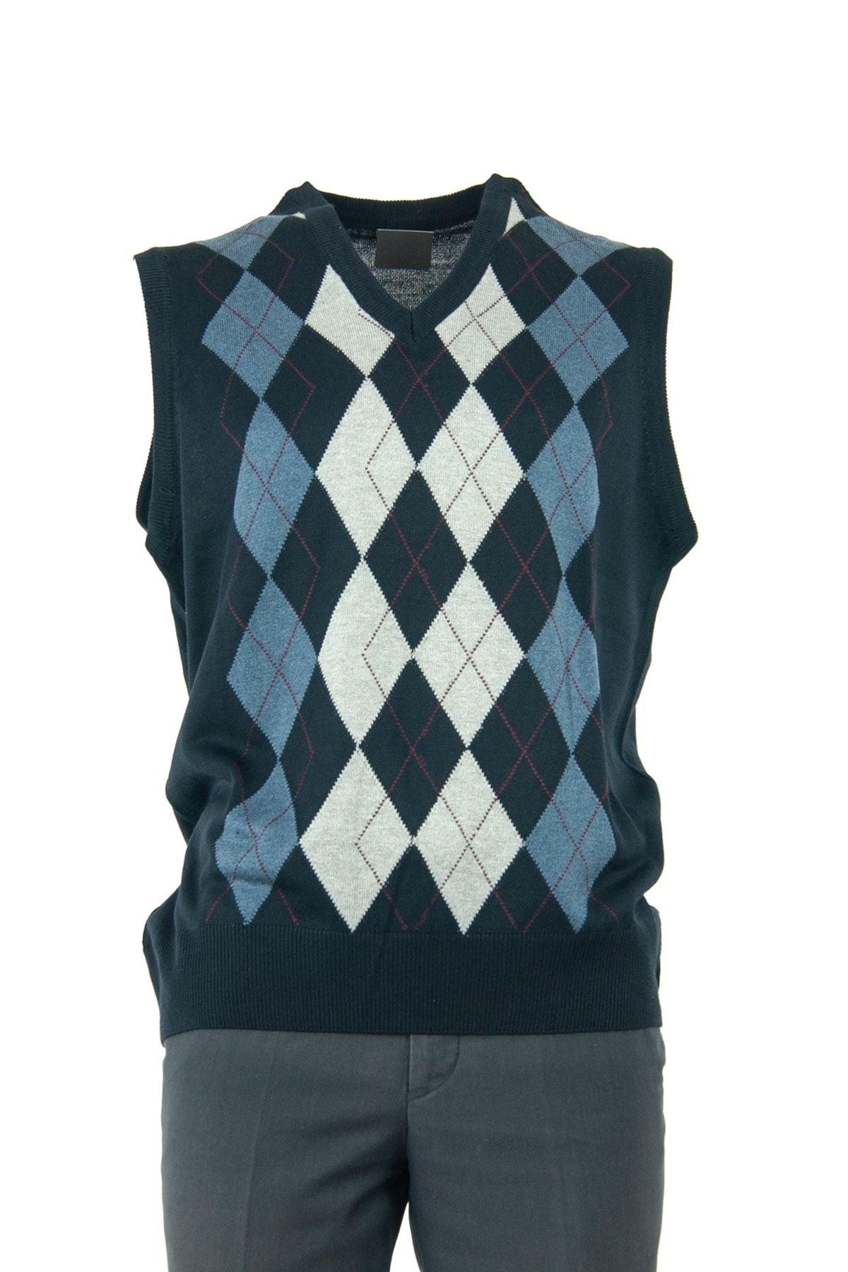 Erkek Lacivert Baba Süveteri Baklava Desenli Rahat Kesim V Yakalı Ince Yün Dokuma