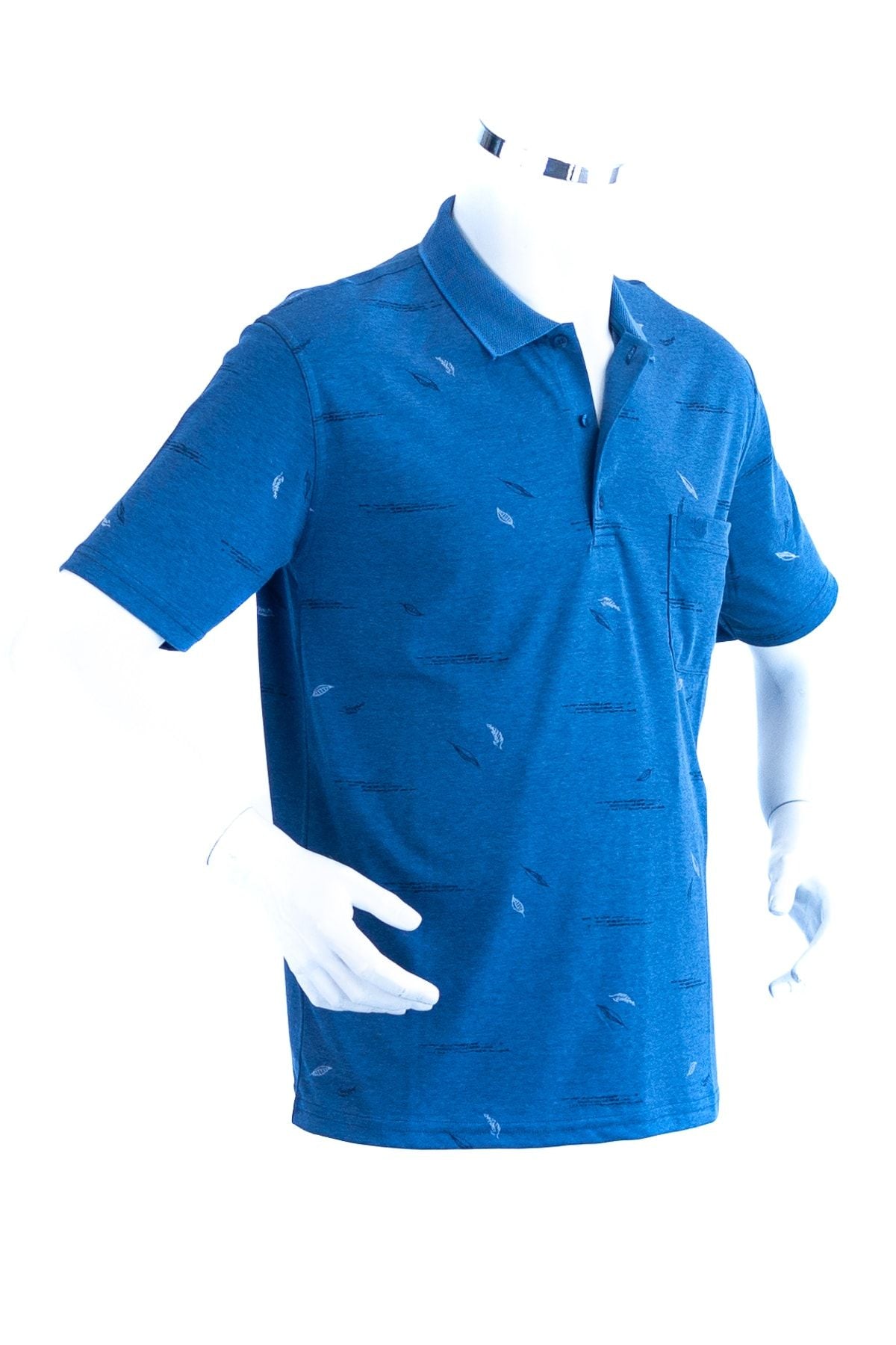 Erkek Mavi Polo Yaka T-shirt Cepli Kısa Kollu Kalem Tüyü Desenli Premium Pamuklu Kumaş