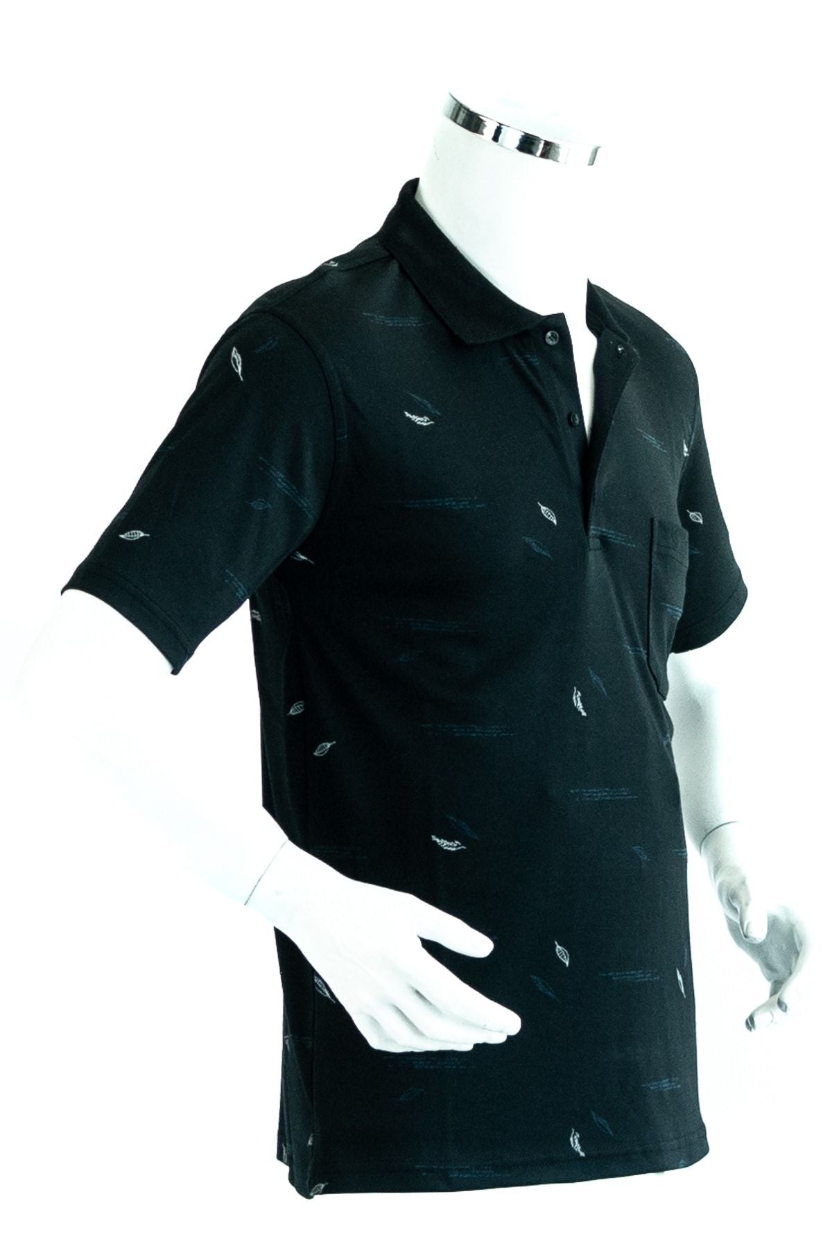 Erkek Siyah Polo Yaka T-shirt Cepli Kısa Kollu Kalem Tüyü Desenli Rahat Kesim Premium Pamuklu Kumaş