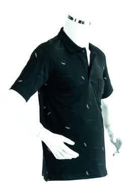 Erkek Siyah Polo Yaka T-shirt Cepli Kısa Kollu Kalem Tüyü Desenli Rahat Kesim Premium Pamuklu Kumaş