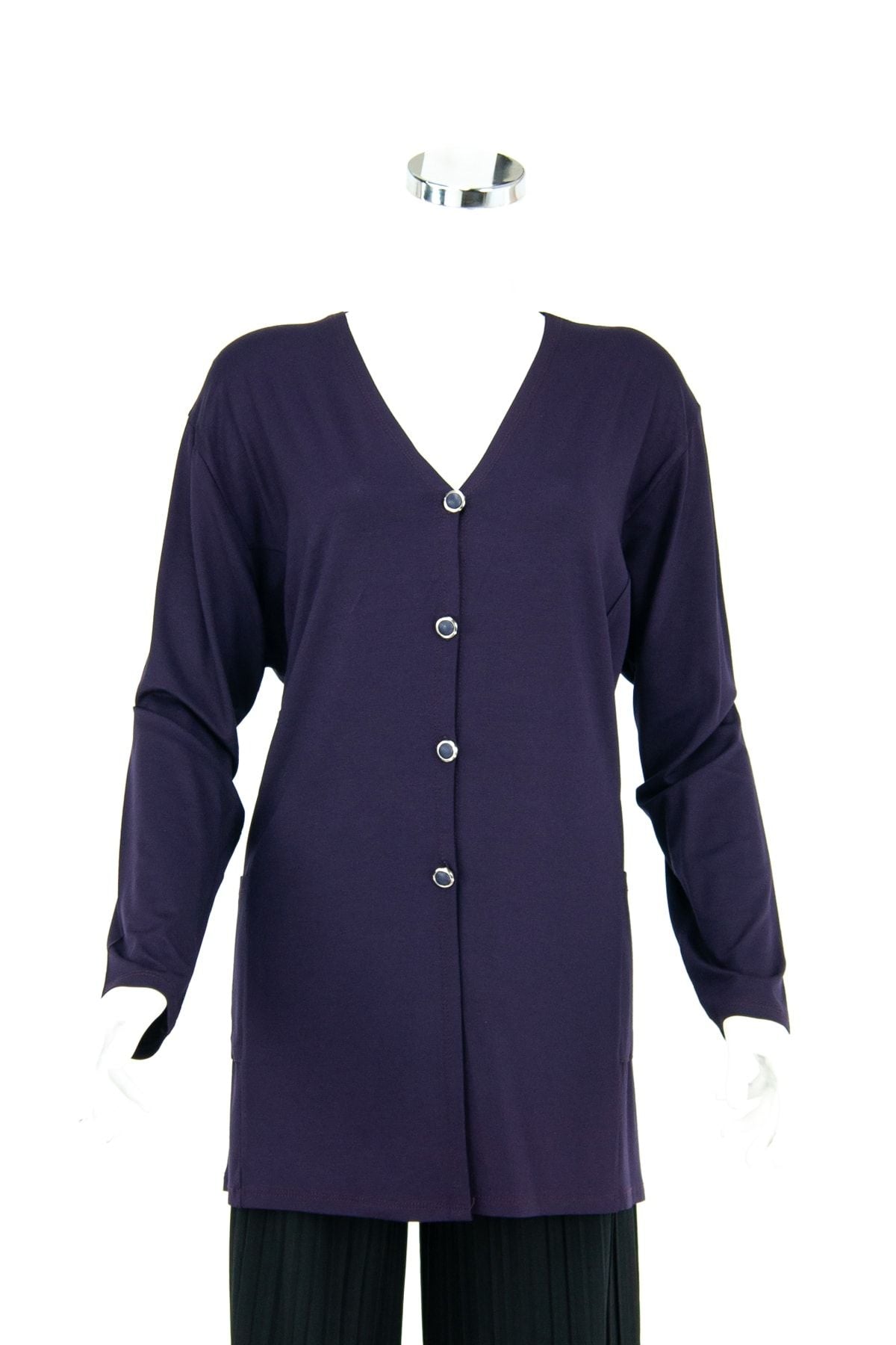 Kadın Önü Düğmeli Ve Cepli Normal Kesim Likralı V Yaka Turlu Viskon Penye Kumaş Anne Hırka