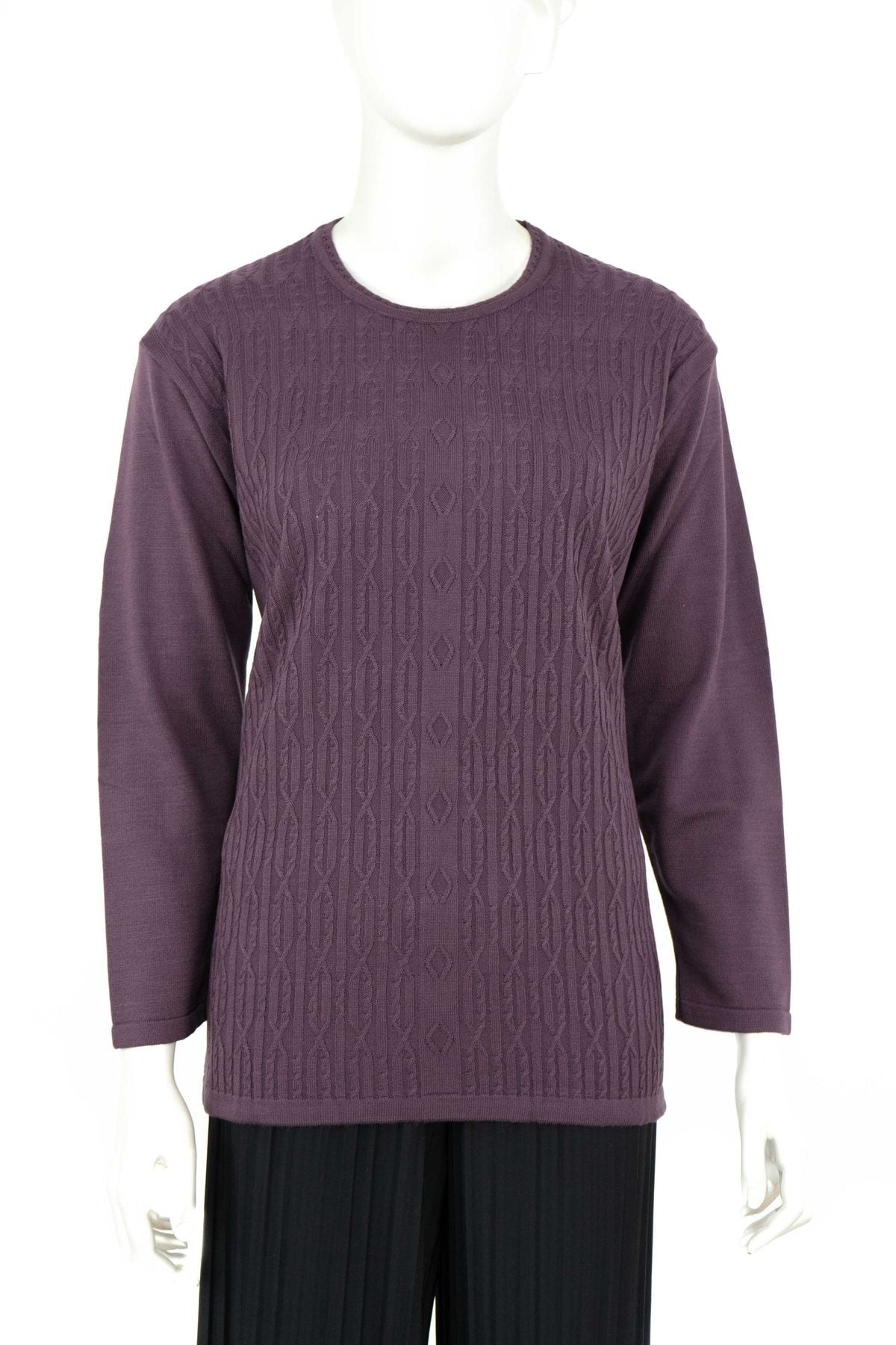 Kadın Kışlık Kendinden Motifli Yuvarlak Yaka Likralı Pamuklu Triko Dokuma Anne Kazak