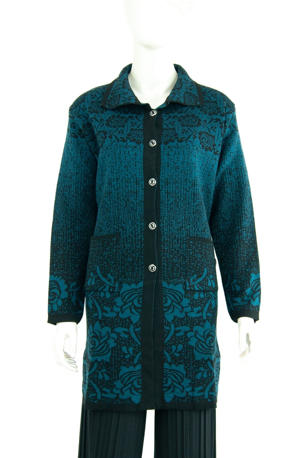 Kadın Anne Hırka Kışlık Triko Boydan Düğmeli Cepli Gül Zamanı Motifli Yünlü Dokuma