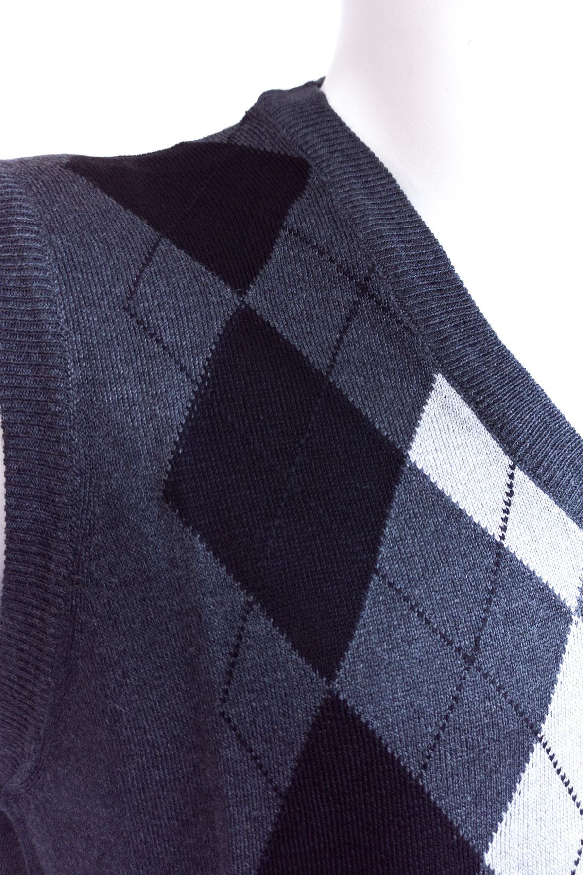 Erkek Antrasit Baba Süveteri Baklava Desenli V Yakalı Ince Yün Dokuma