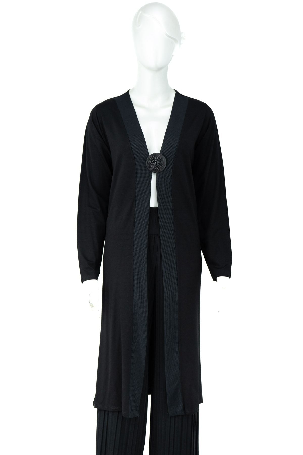 Kadın Uzun Kollu Önü Broşlu Tam Kalıp Likralı V Yaka Turlu Viskon Penye Kumaş Klasik Hırka