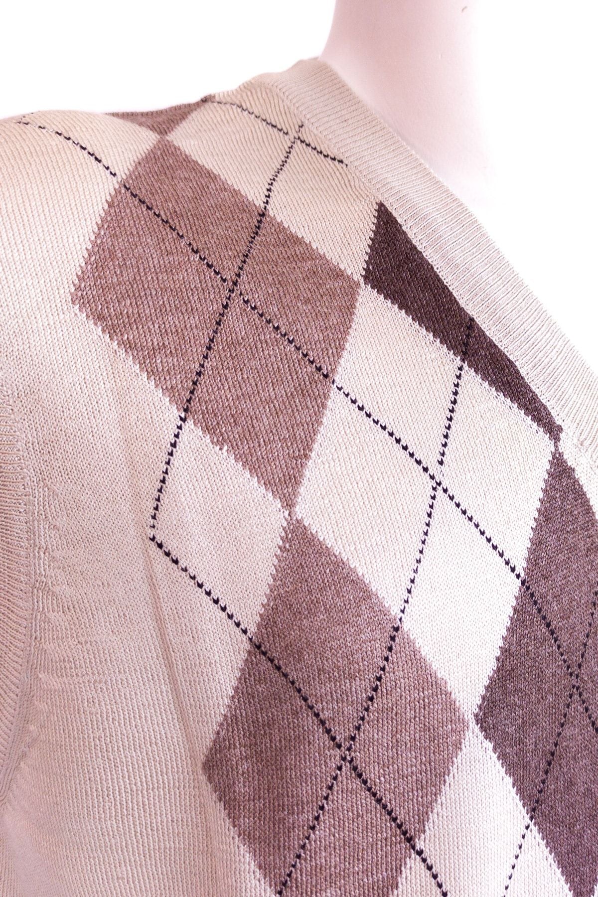 Erkek Krem Baba Süveteri Baklava Desenli V Yakalı İnce Yün Dokuma