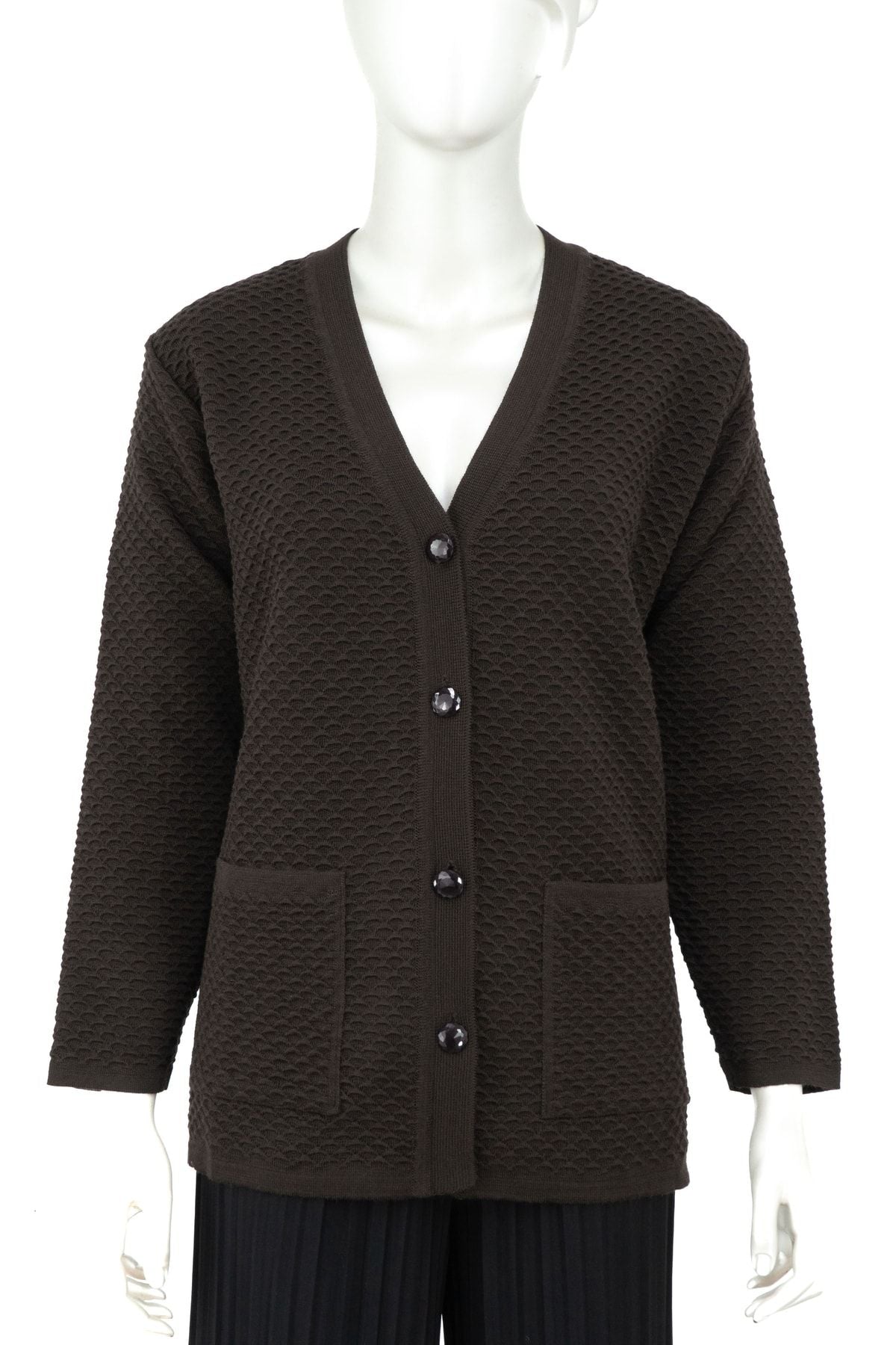 Kadın Kışlık Şık Petek Modelli Önü Düğmeli Cepli Tam Kalıp Likralı Dokuma Klasik Anne Hırka