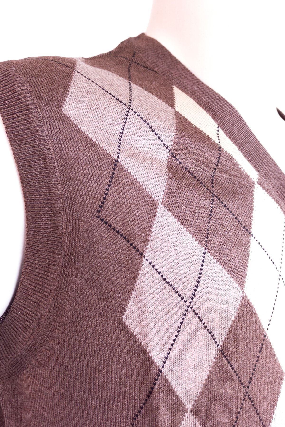 Erkek Kahverengi Baba Süveteri Baklava Desenli V Yakalı İnce Yün Dokuma