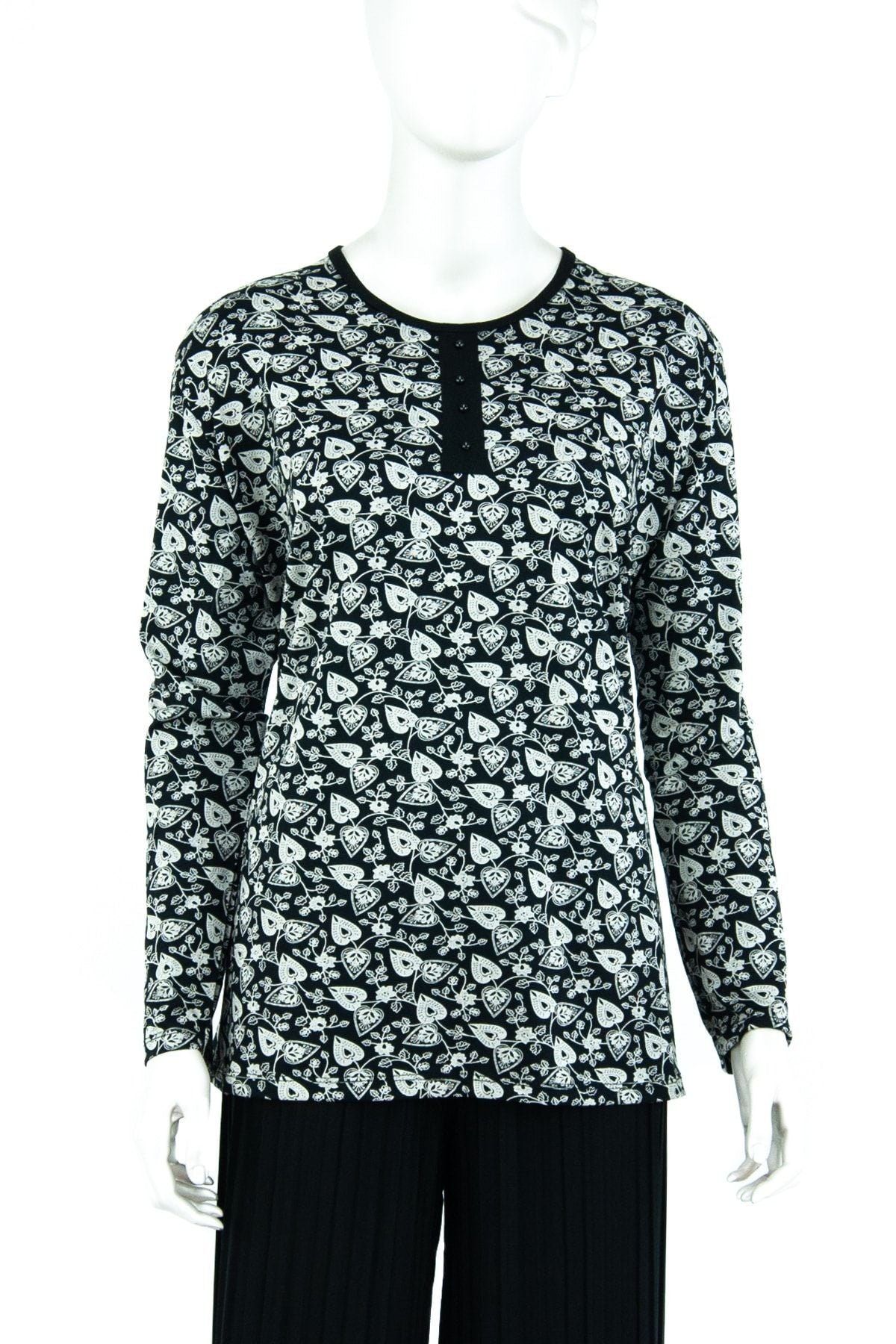 Kadın Kadife Çiçeği Desenli Uzun Kollu Likralı Viskon Penye Kumaş Büyük Beden Anne Bluz