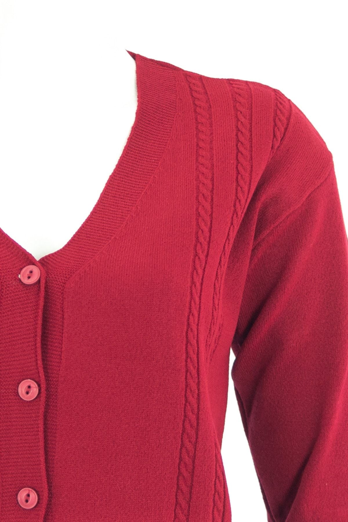 Kadın Kırmızı Kışlık Desenli Düğmeli Cepli Normal Kesim Likralı Kardelen Kumaş Kısa Hırka