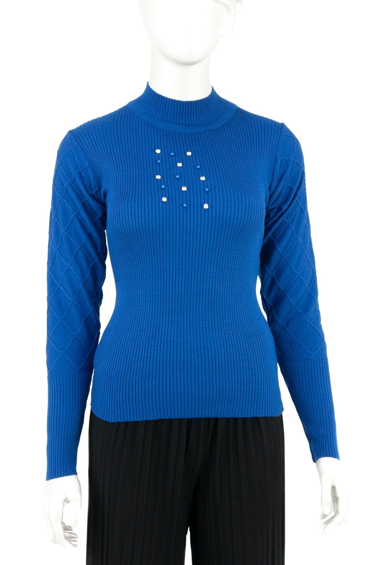 Kadın Kışlık Şık Boncuk Ve Taş Motifli Uzunkol Bedene Oturan Likralı Yünlü Dokuma Badi Kazak